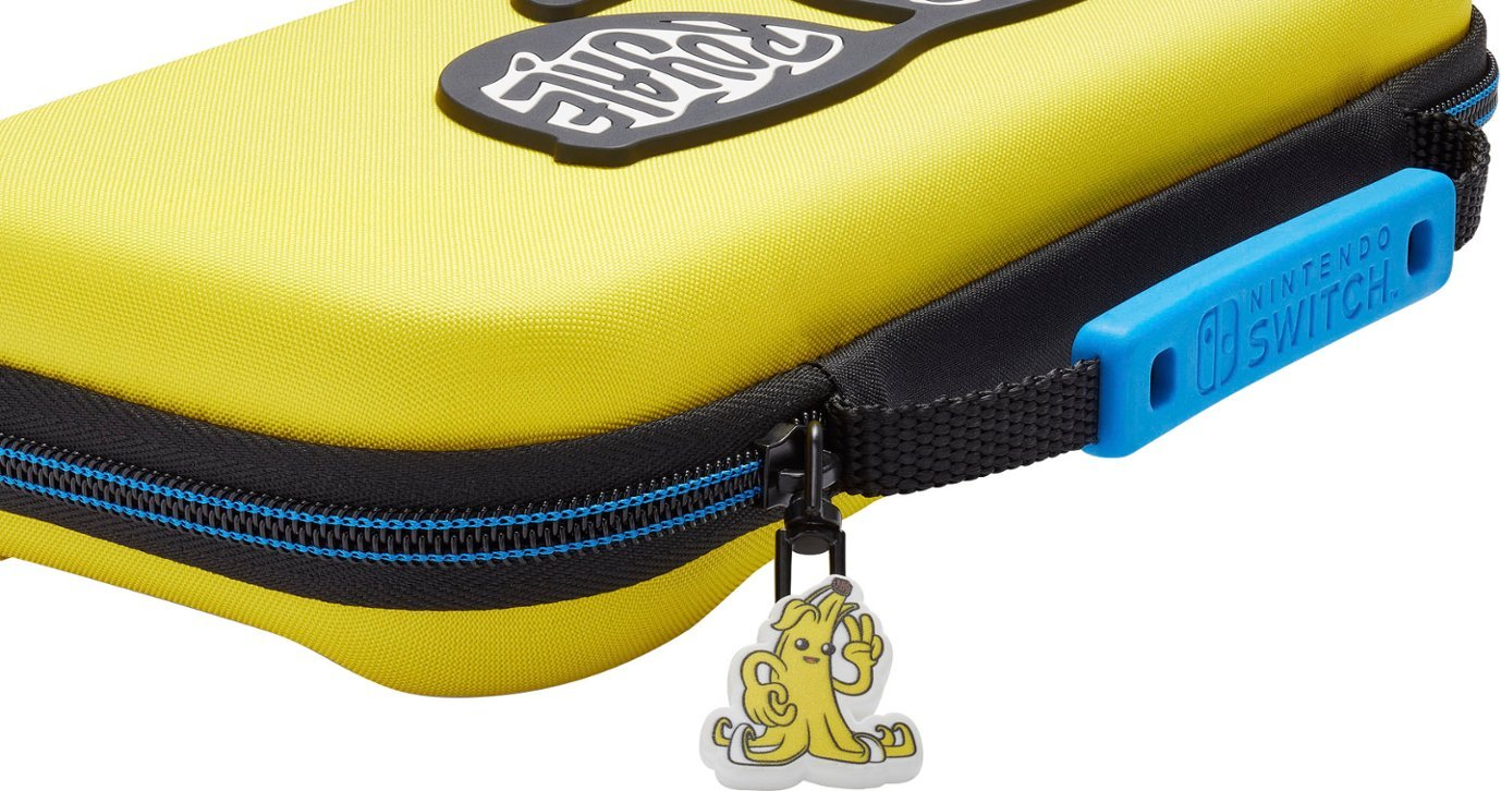 Żółte etui na Nintendo Switch z czarnym zamkiem błyskawicznym i niebieskim uchwytem.