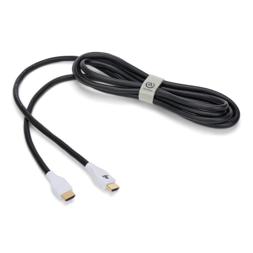 Czarny kabel HDMI z białymi złączami i opaską na białym tle.