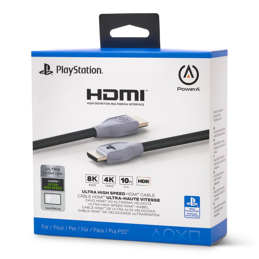 Pudełko kabla HDMI PlayStation z etykietami 8K, 4K, 10 stóp i HDR.