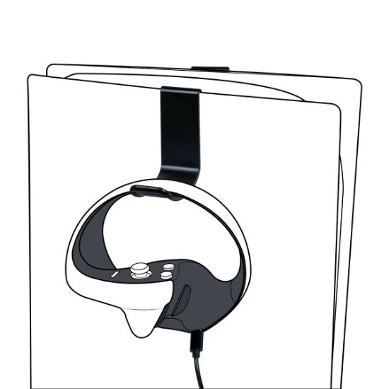 Rysunek linii przedstawiający zestaw słuchawkowy zawieszony na białej konsoli do gier z czarnym hakiem.