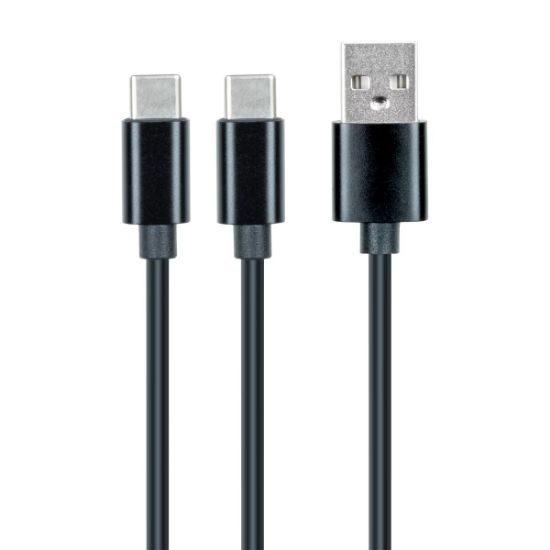 Trzy czarne kable USB z różnymi złączami: dwa USB-C i jeden standardowy USB-A.