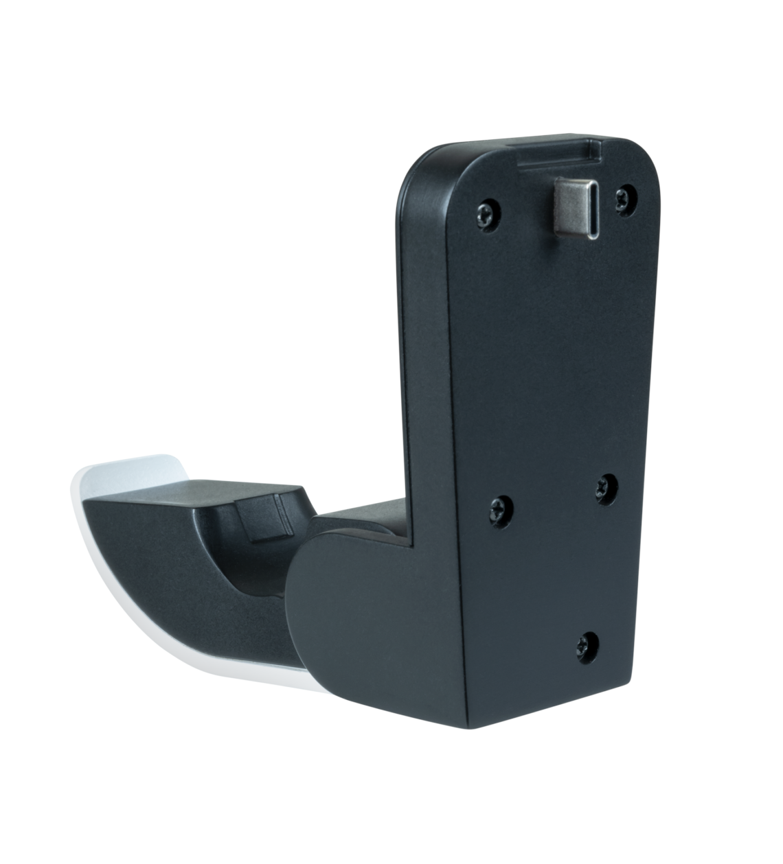 Czarno-biała stacja ładująca do kontrolera gier. Posiada port USB-C i otwory na śruby.