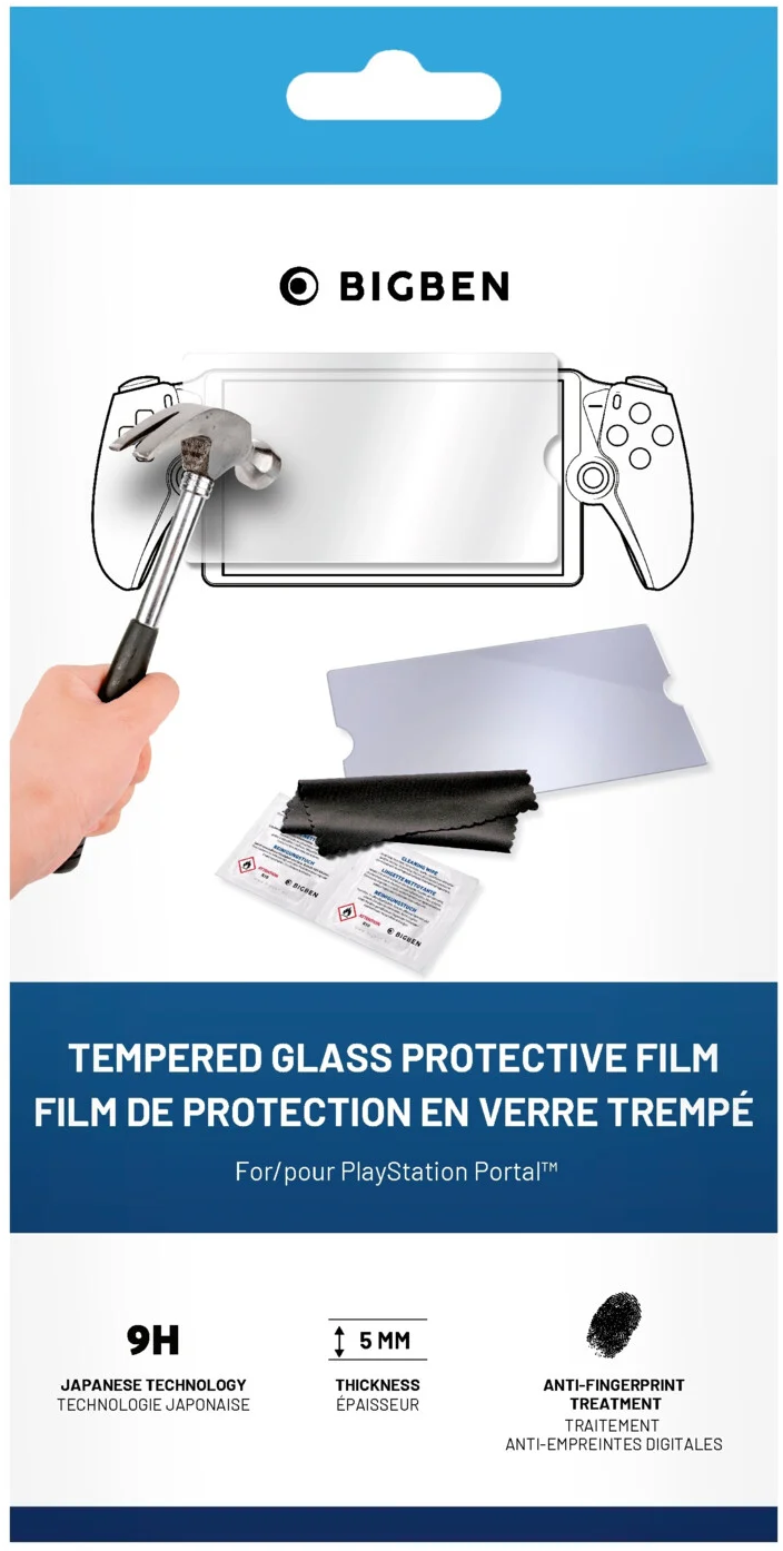 Ochrona ekranu ze szkła hartowanego z marką Bigben i młotkiem uderzającym w ekran.