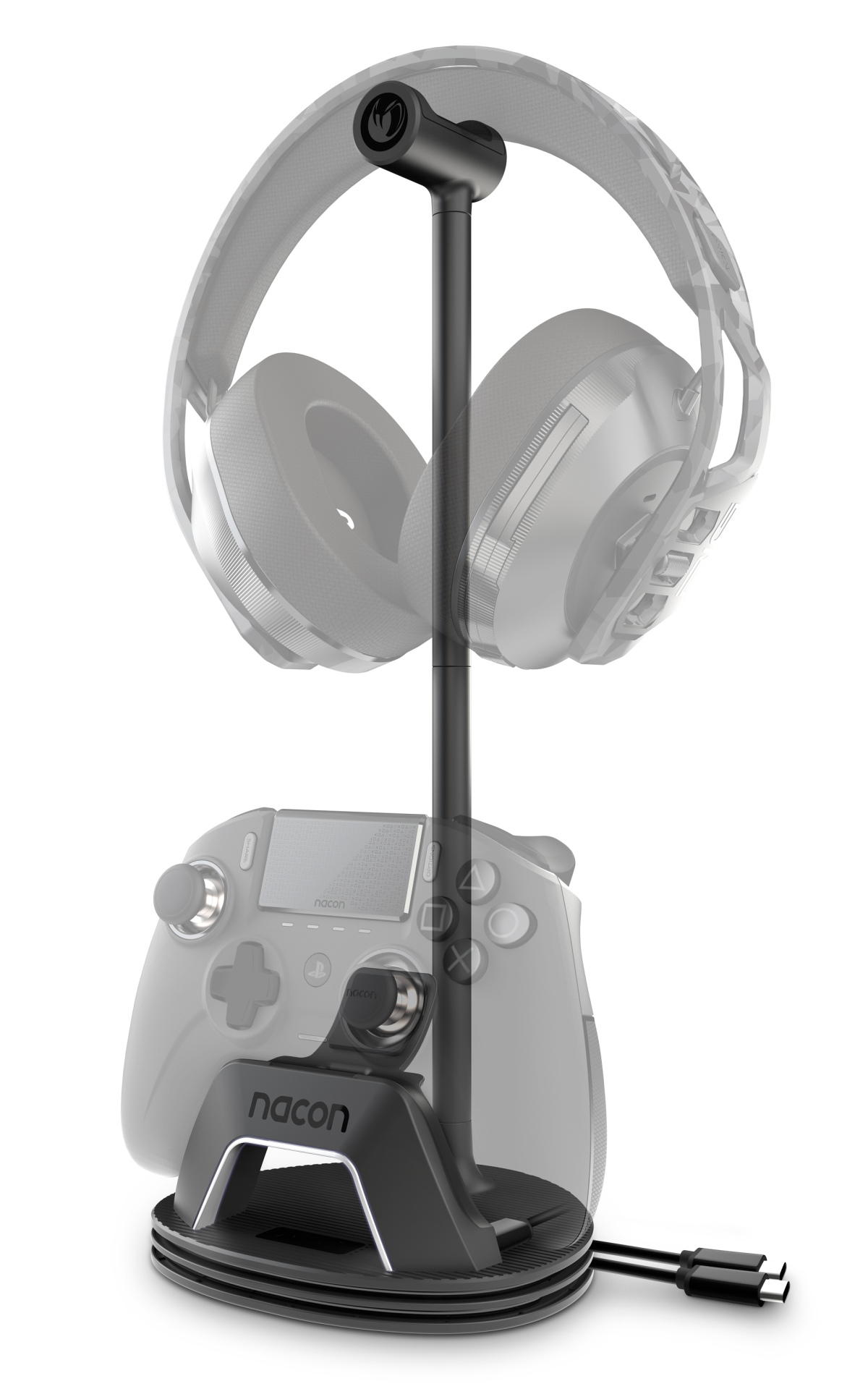 Stojak na słuchawki trzymający słuchawki i kontroler. Podstawa również trzyma kontroler.