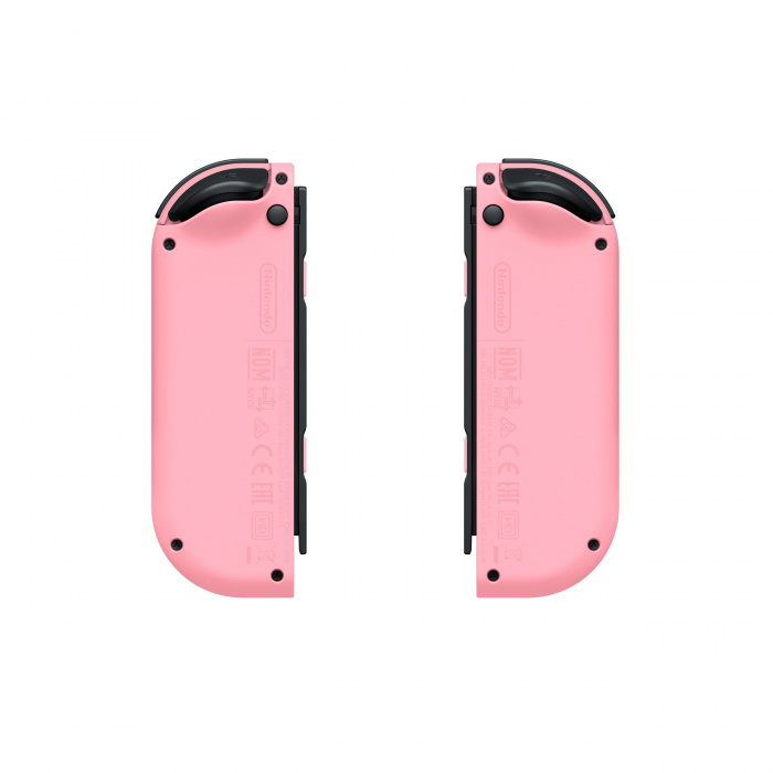Dwa różowe kontrolery Nintendo Switch Joy-Con z widocznym logo Nintendo.