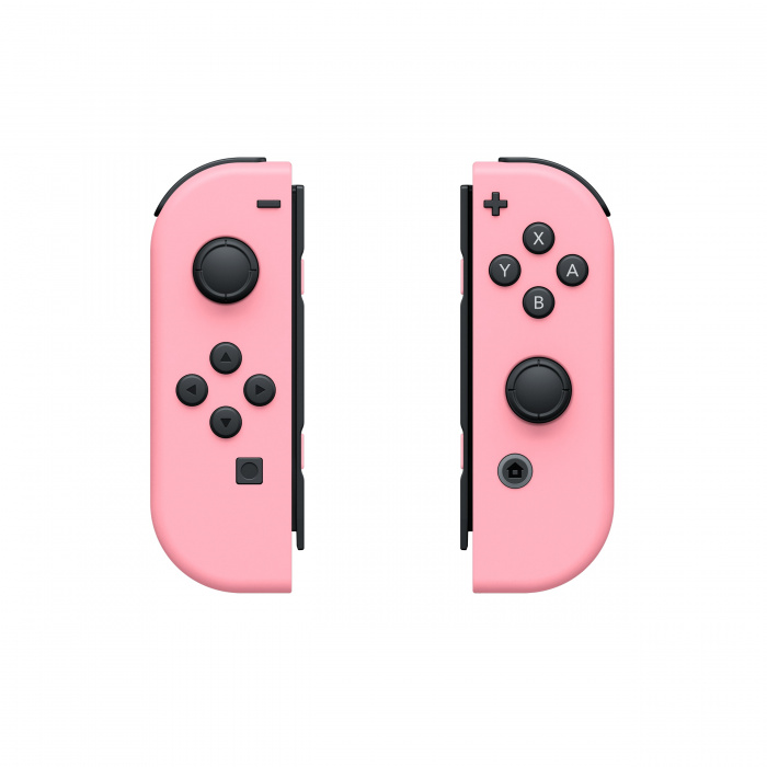 Różowe kontrolery Nintendo Switch Joy-Con. Przyciski są czarne.