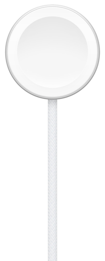 Biała ładowarka Apple Watch z białym plecionym kablem.