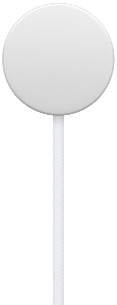 Biała ładowarka Apple Watch z białym plecionym kablem.