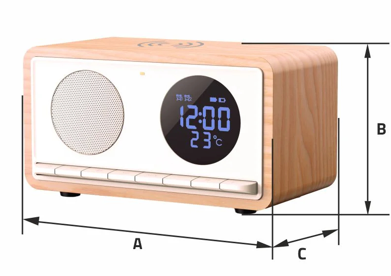 Drewniane radio z budzikiem z cyfrowym wyświetlaczem pokazującym godzinę i temperaturę.