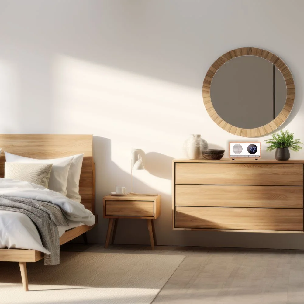Sypialnia z drewnianym łóżkiem, komodą, lustrem i radiem na komodzie.