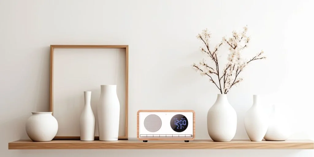 Drewniana półka z wazonami i radiem z budzikiem. Obecna jest również drewniana ramka na zdjęcia i gałązka z białymi kwiatami.