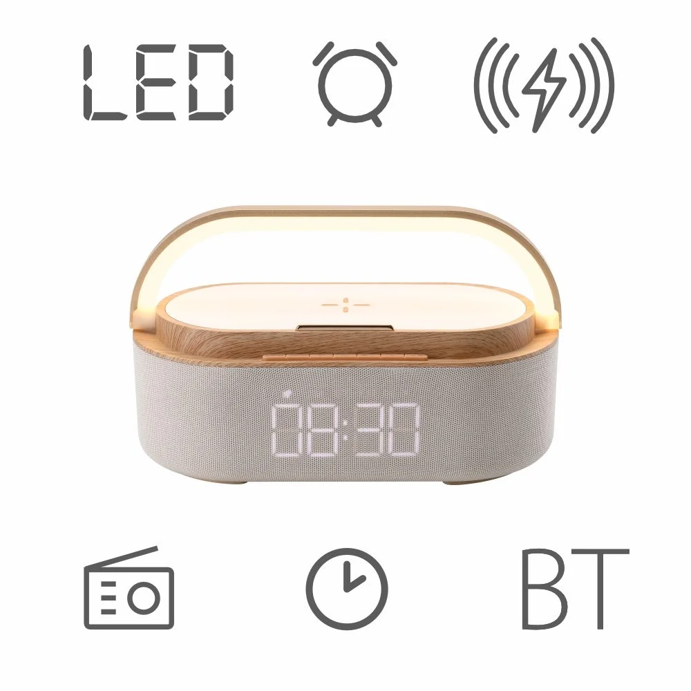 Biało-szary głośnik ze światłem i ładowaniem bezprzewodowym. Symbole wokół. Białe tło.