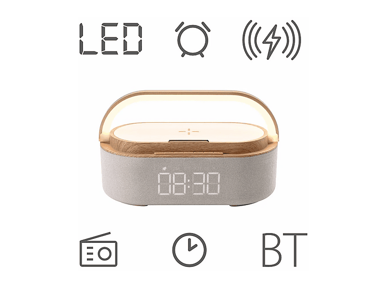 Radiobudzik MANTA RDI920 Drewniano-Biały, Tuner FM, BT, Lampka nocna, Ładowarka indukcyjna, Zasilanie Akumulatorowo-sieciowe – zdjęcie 3