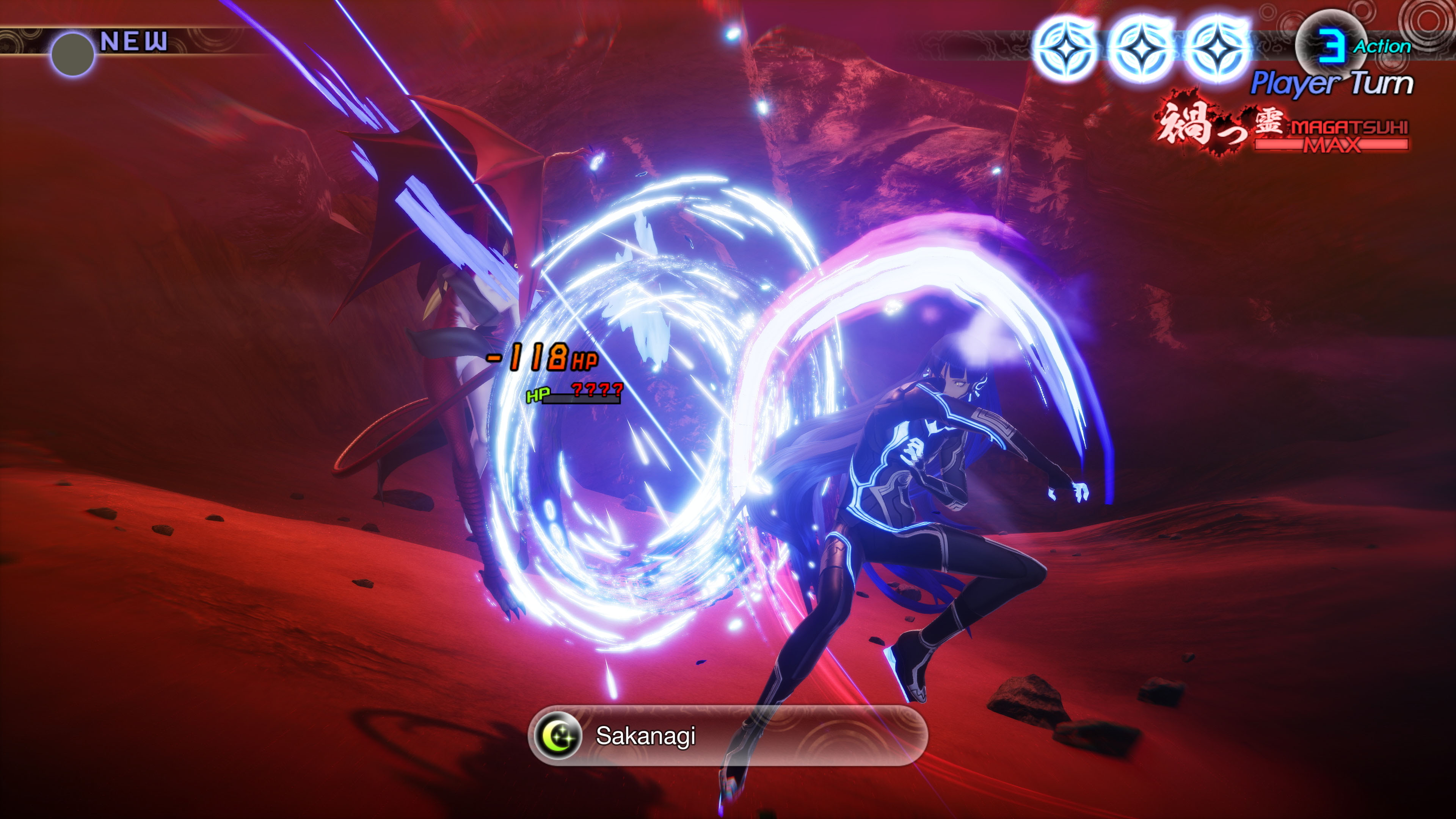 Scena z gry wideo z postacią walczącą z potworem z kolorowymi efektami energetycznymi.