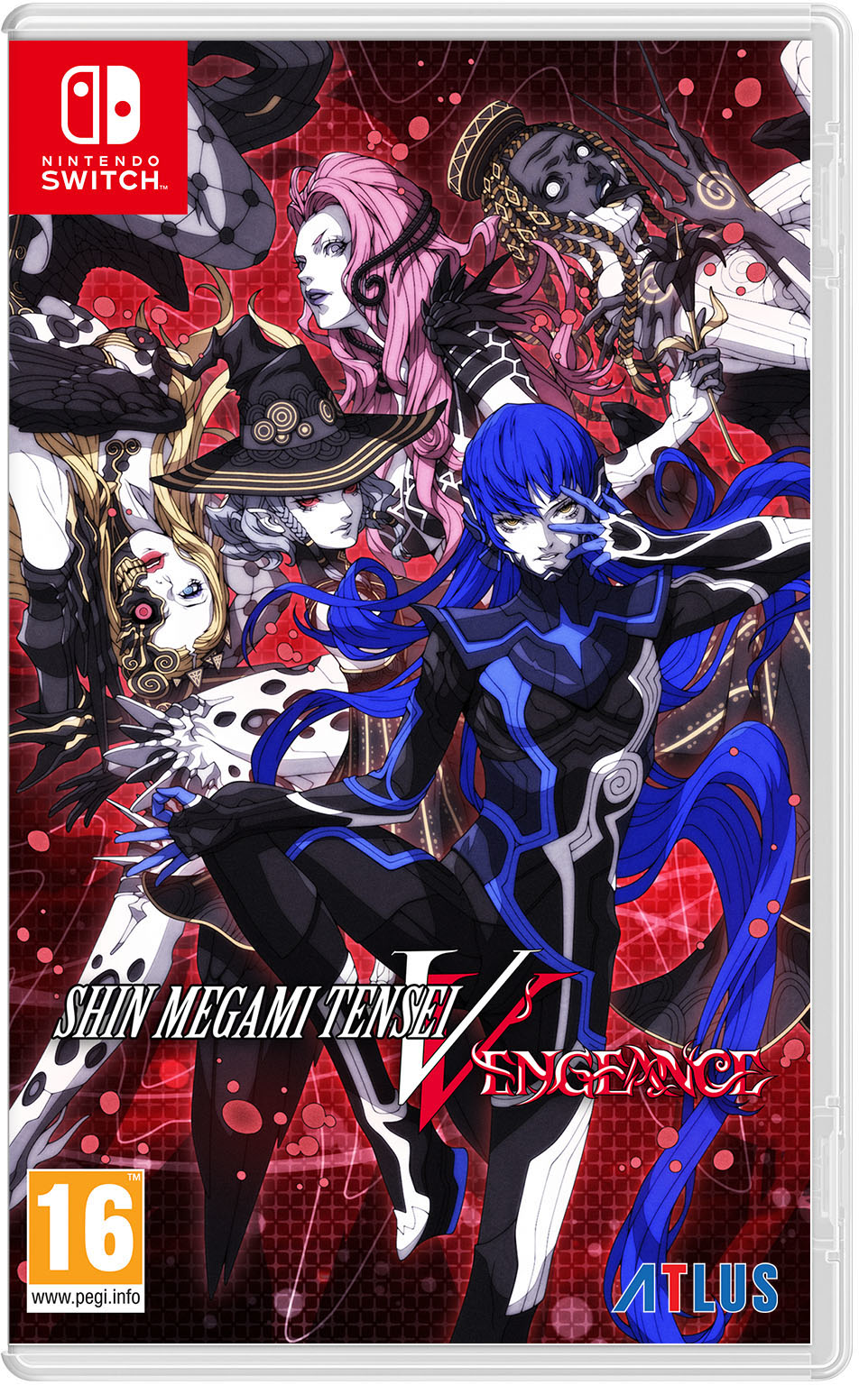 Pudełko gry na Nintendo Switch: Shin Megami Tensei V: Vengeance, z postaciami z anime.