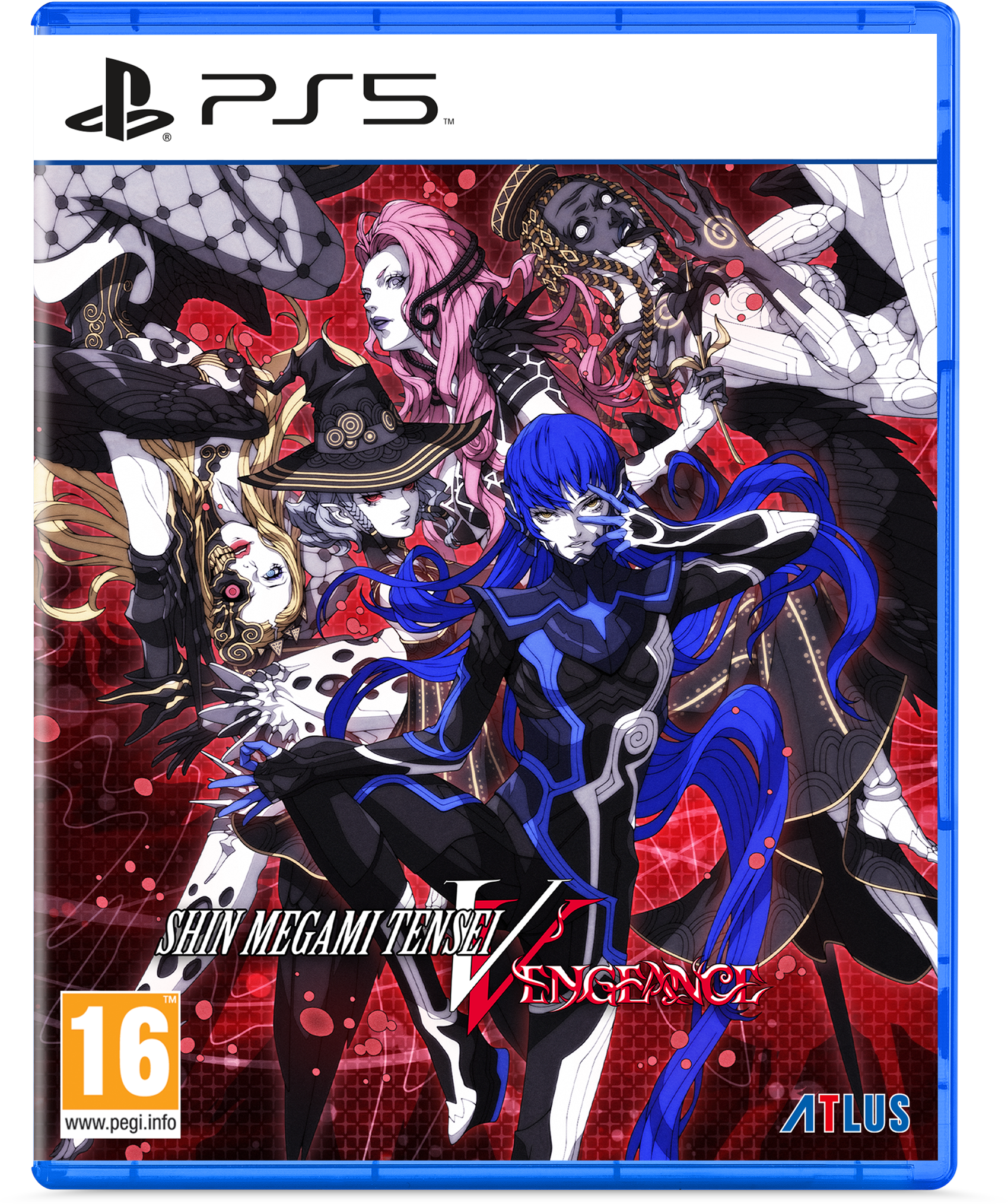 Okładka gry PS5. Shin Megami Tensei V: Vengeance. Postacie w dynamicznych pozach, czerwone tło.