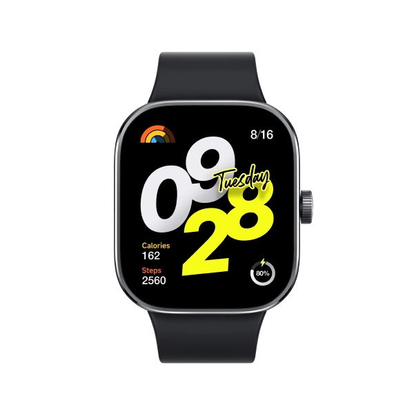 Czarny smartwatch z wyświetlaczem pokazującym godzinę, datę, kalorie i kroki. Zegarek ma czarny pasek.
