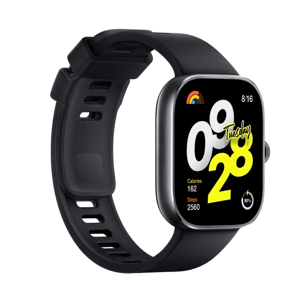 Czarny smartwatch z kwadratowym wyświetlaczem, pokazujący czas, datę, kalorie i kroki.