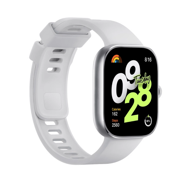 Biały smartwatch z kwadratowym ekranem, wyświetlający czas i wskaźniki fitness. Biały pasek.