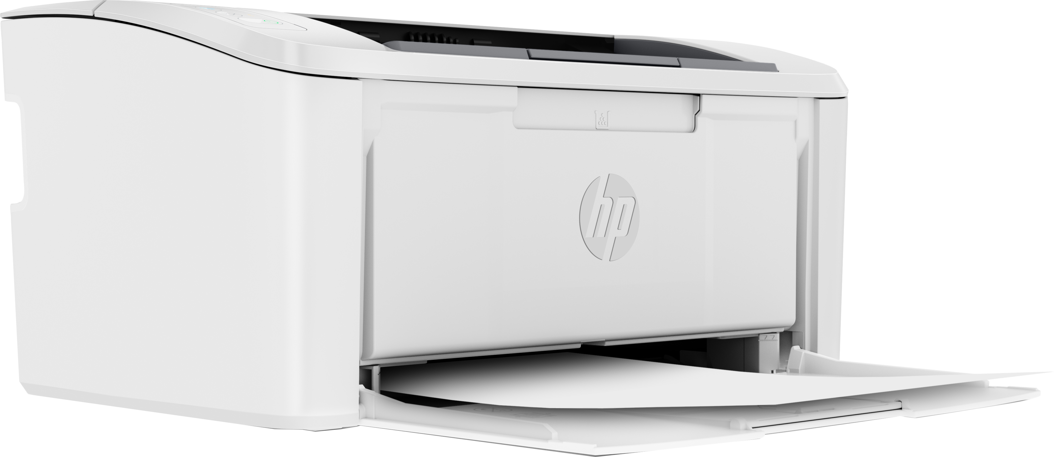 Weißer HP-Drucker mit offenem Papierfach. HP-Logo auf der Vorderseite. Schwarzes Oberteil.