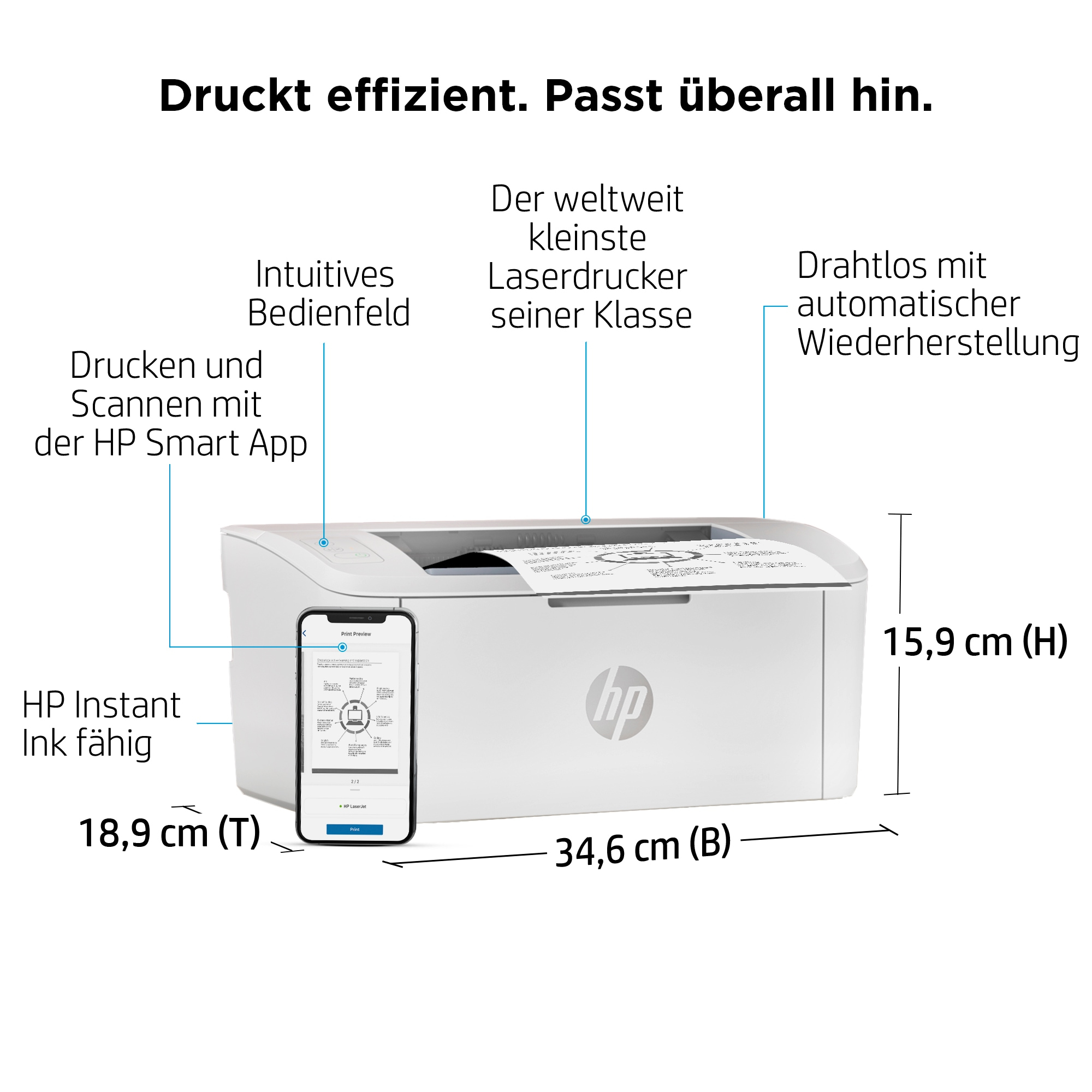 Weißer Drucker mit Smartphone und Abmessungen.