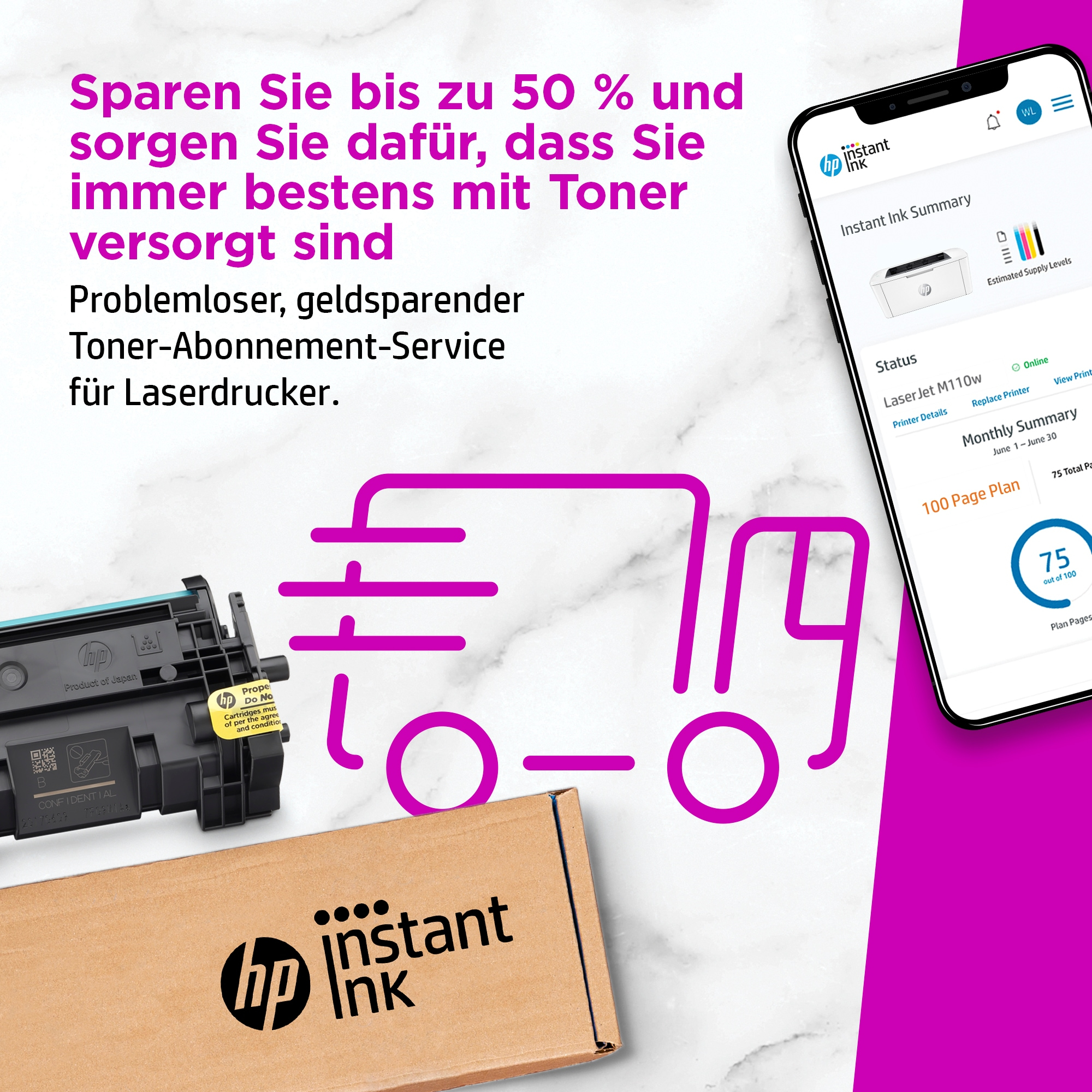 Eine Illustration mit einem LKW, Tintenpatrone und Telefon. Text: Bis zu 50% sparen.