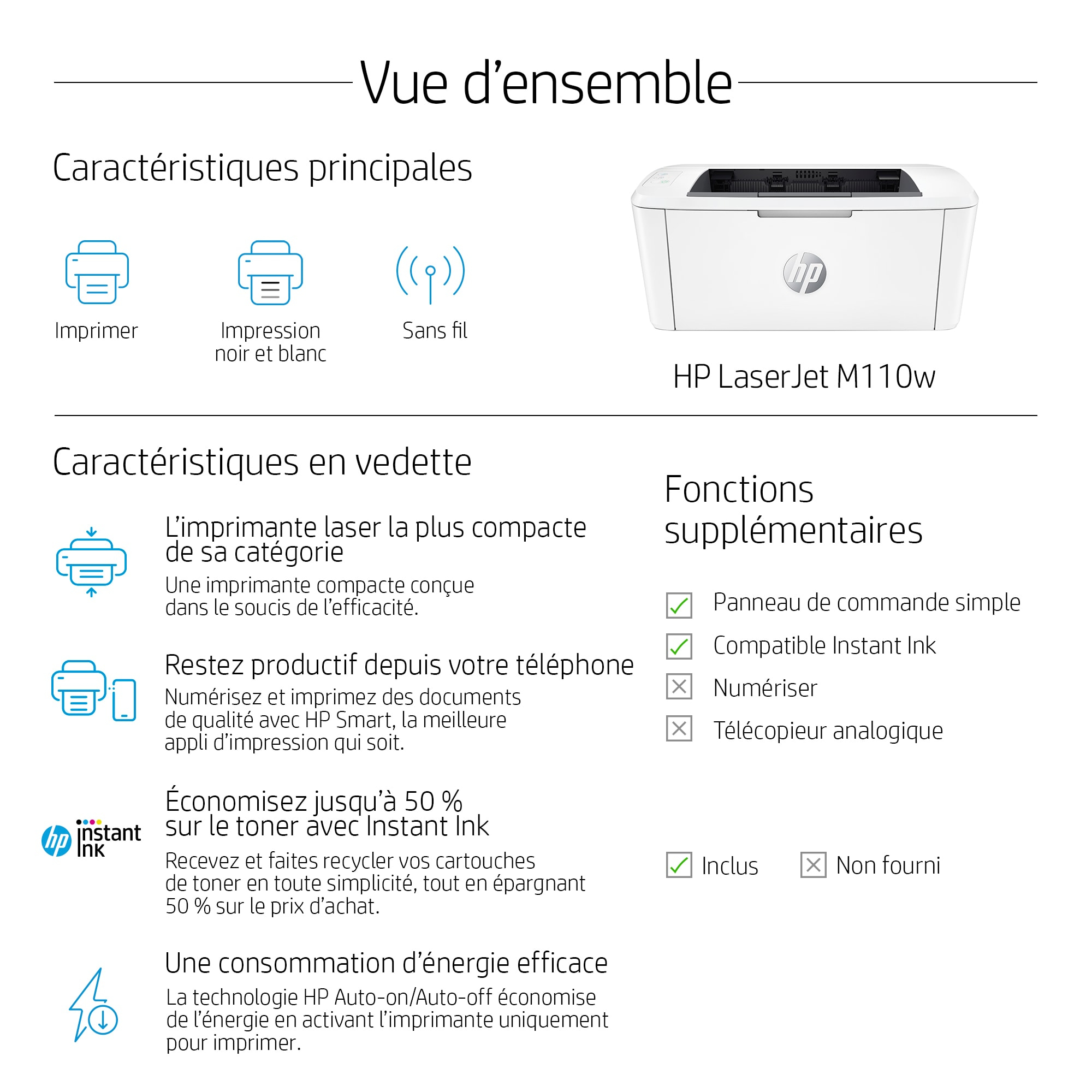 Weißer HP LaserJet M110w Drucker. Merkmale, Symbole und französischer Text. Übersicht und Funktionen.