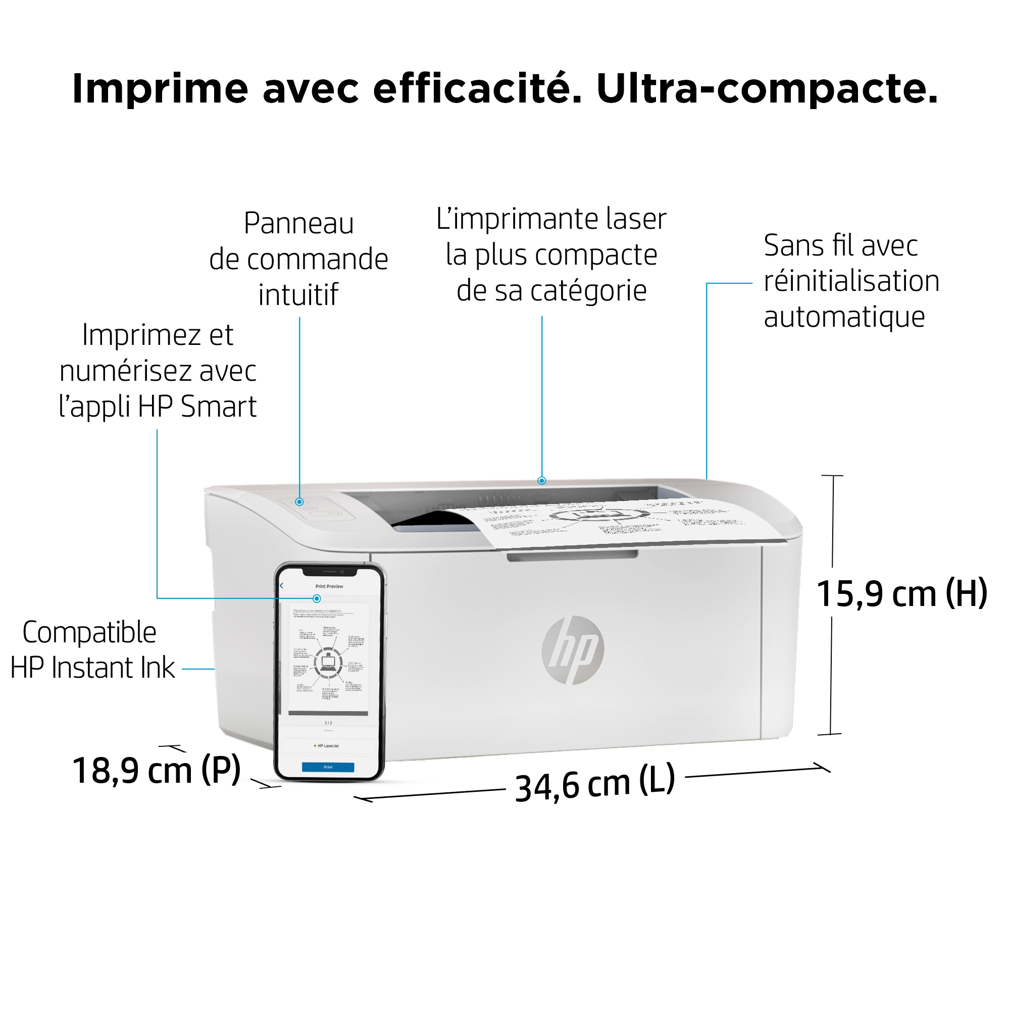 Weißer Drucker mit Smartphone, das seine Oberfläche zeigt, mit Maßen.