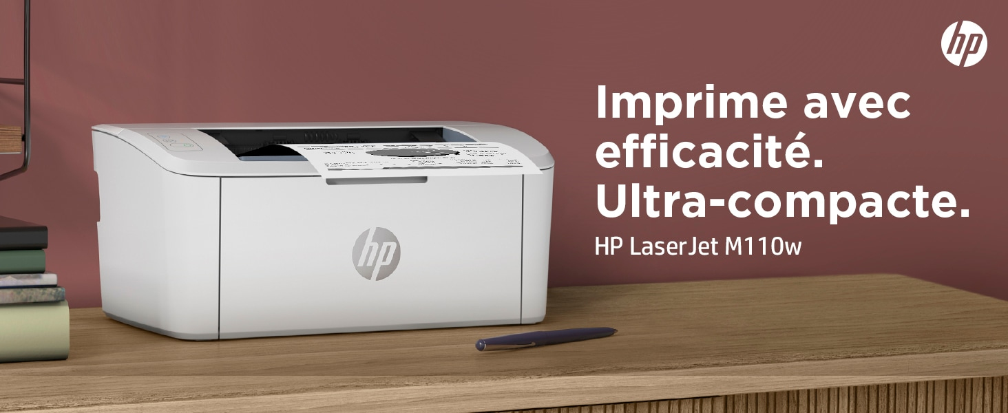 Weißer HP-Drucker auf einem Holztisch, mit Text 'Effizient drucken. Ultrakompakt'.