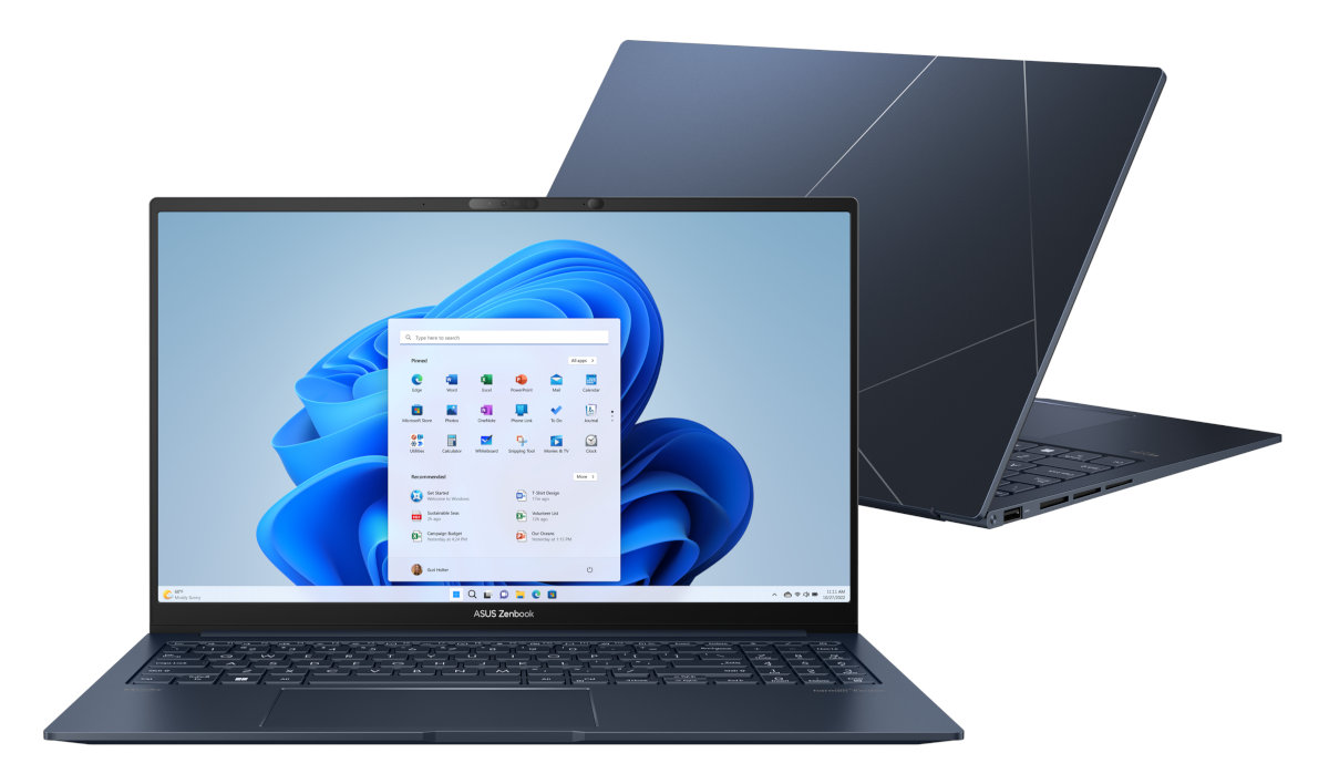 Laptop z niebieskim interfejsem Windows 11. Widoczny jest również tył laptopa.