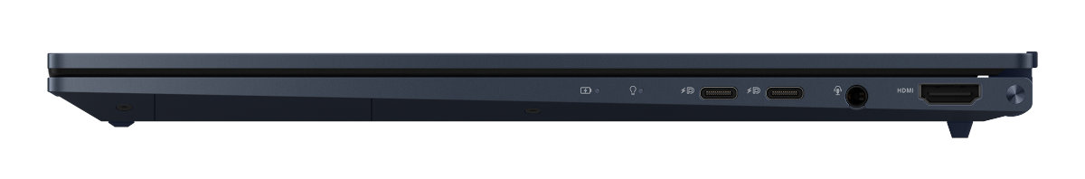 Bok ciemnoniebieskiego laptopa z widocznymi portami.