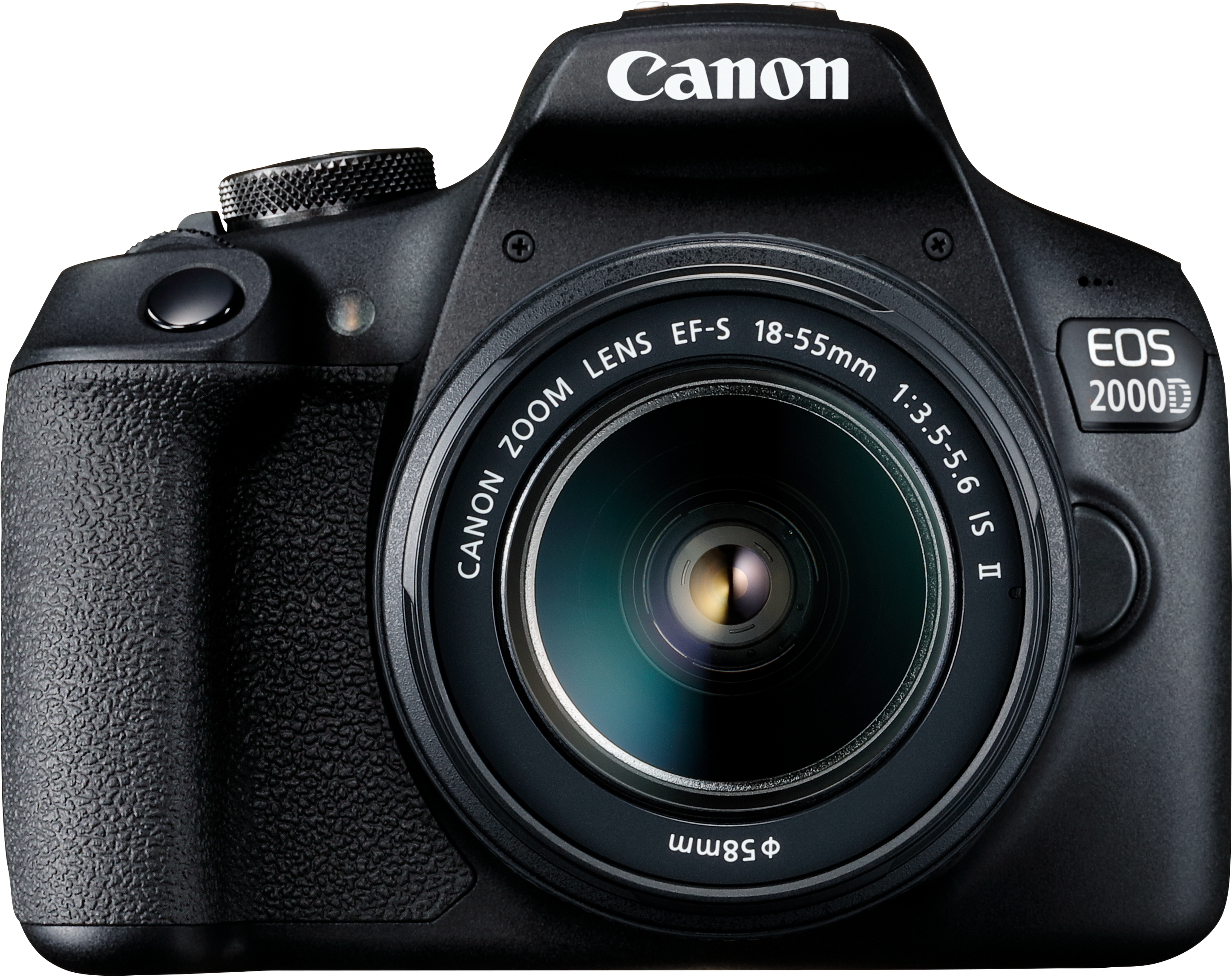 Fotocamera Canon EOS 2000D nera con obiettivo, pulsanti e il logo Canon.