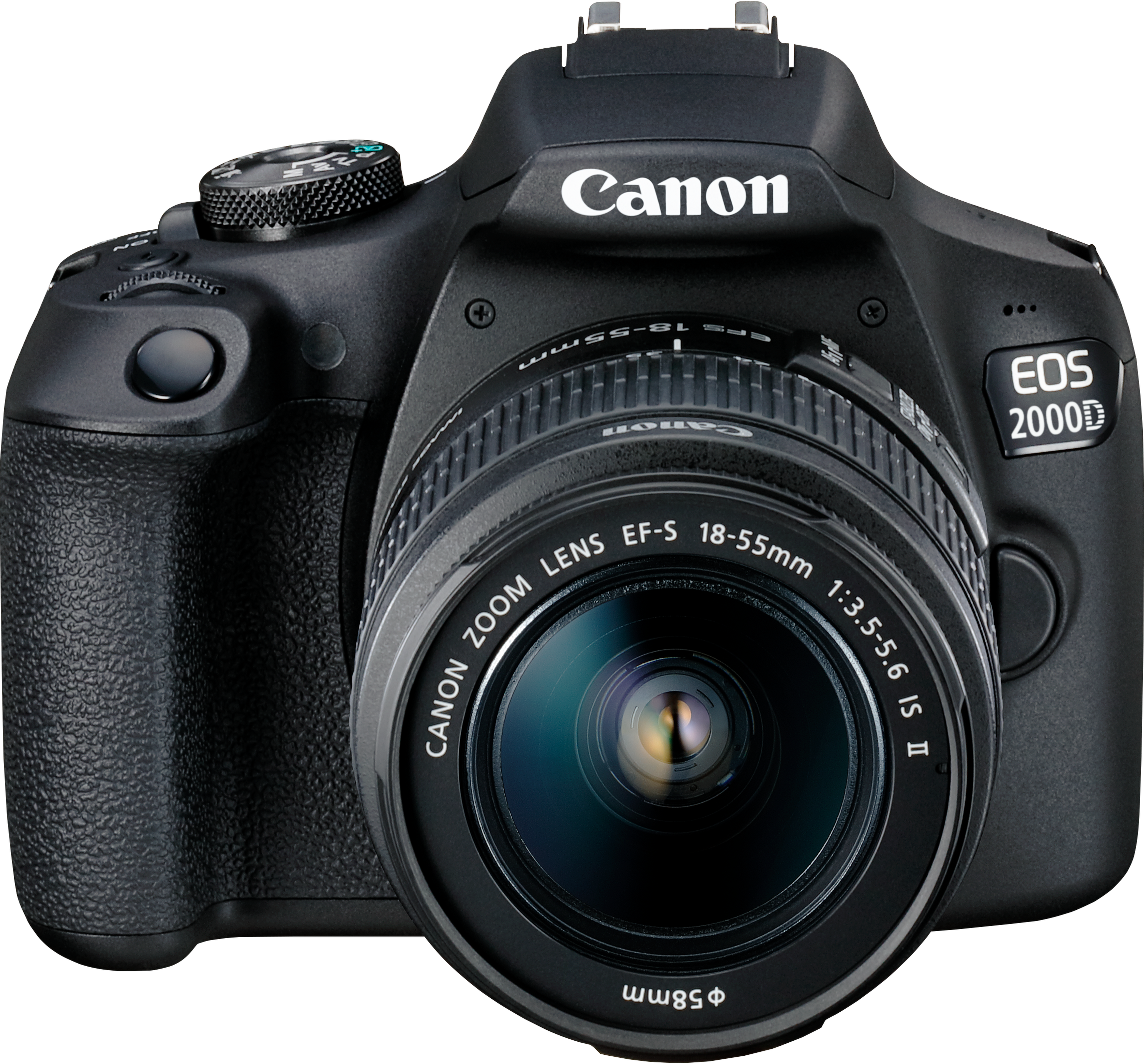 Fotocamera Canon EOS 2000D nera con obiettivo montato. La fotocamera è su sfondo bianco.