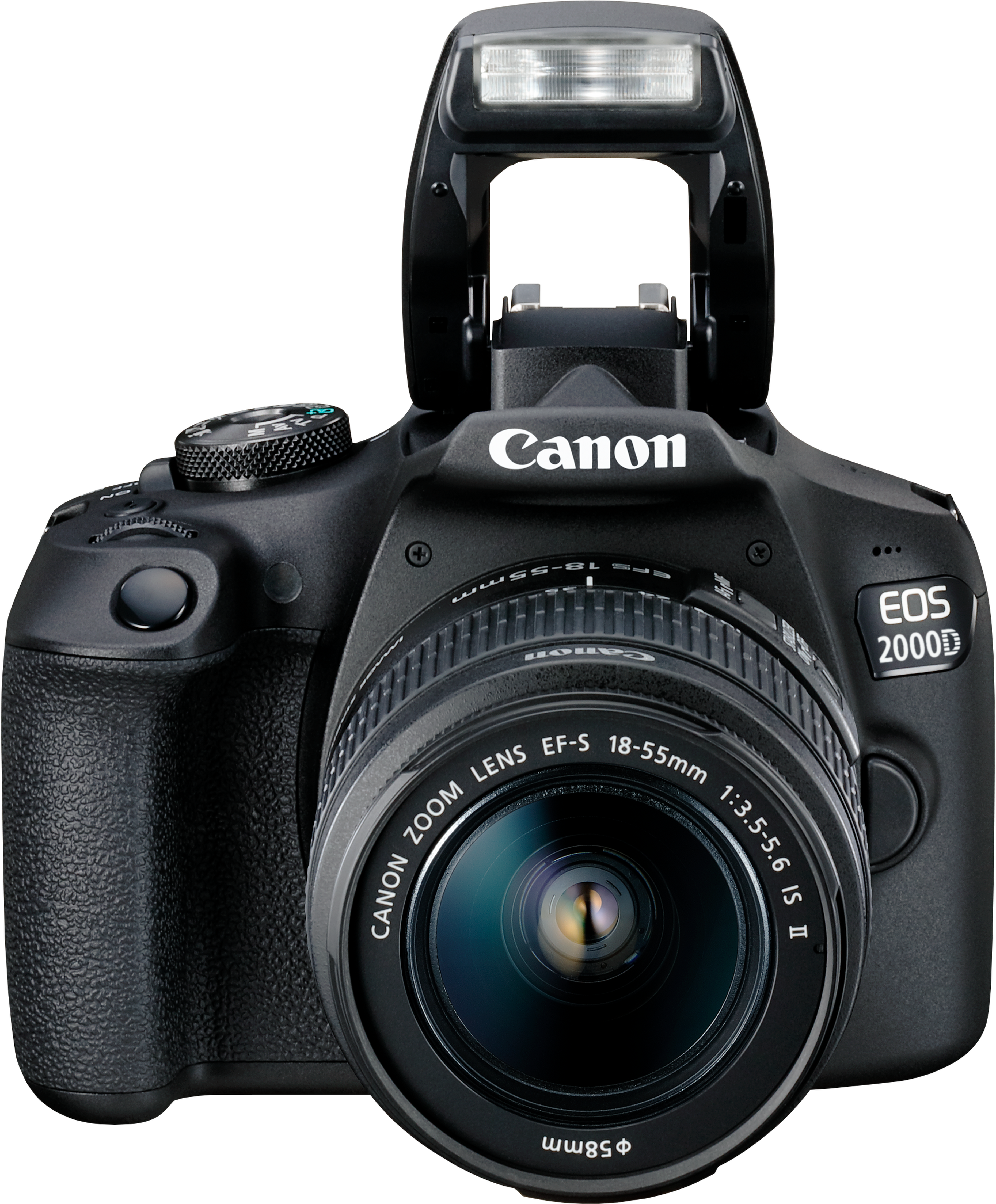 Fotocamera Canon EOS 2000D nera con obiettivo e flash. Sfondo bianco.