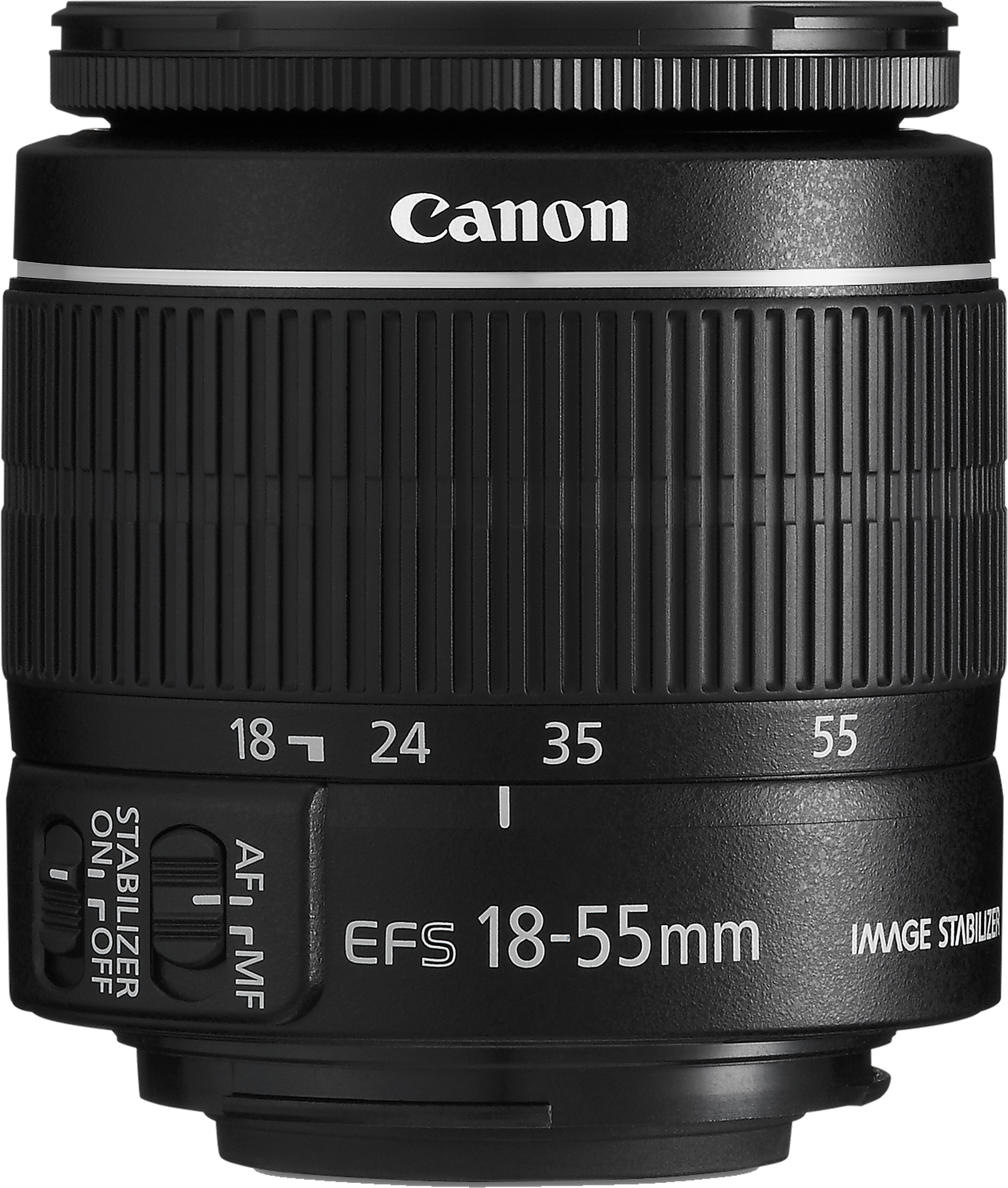 Obiettivo Canon 18-55mm nero con controlli di messa a fuoco e stabilizzatore. I numeri indicano la focale.