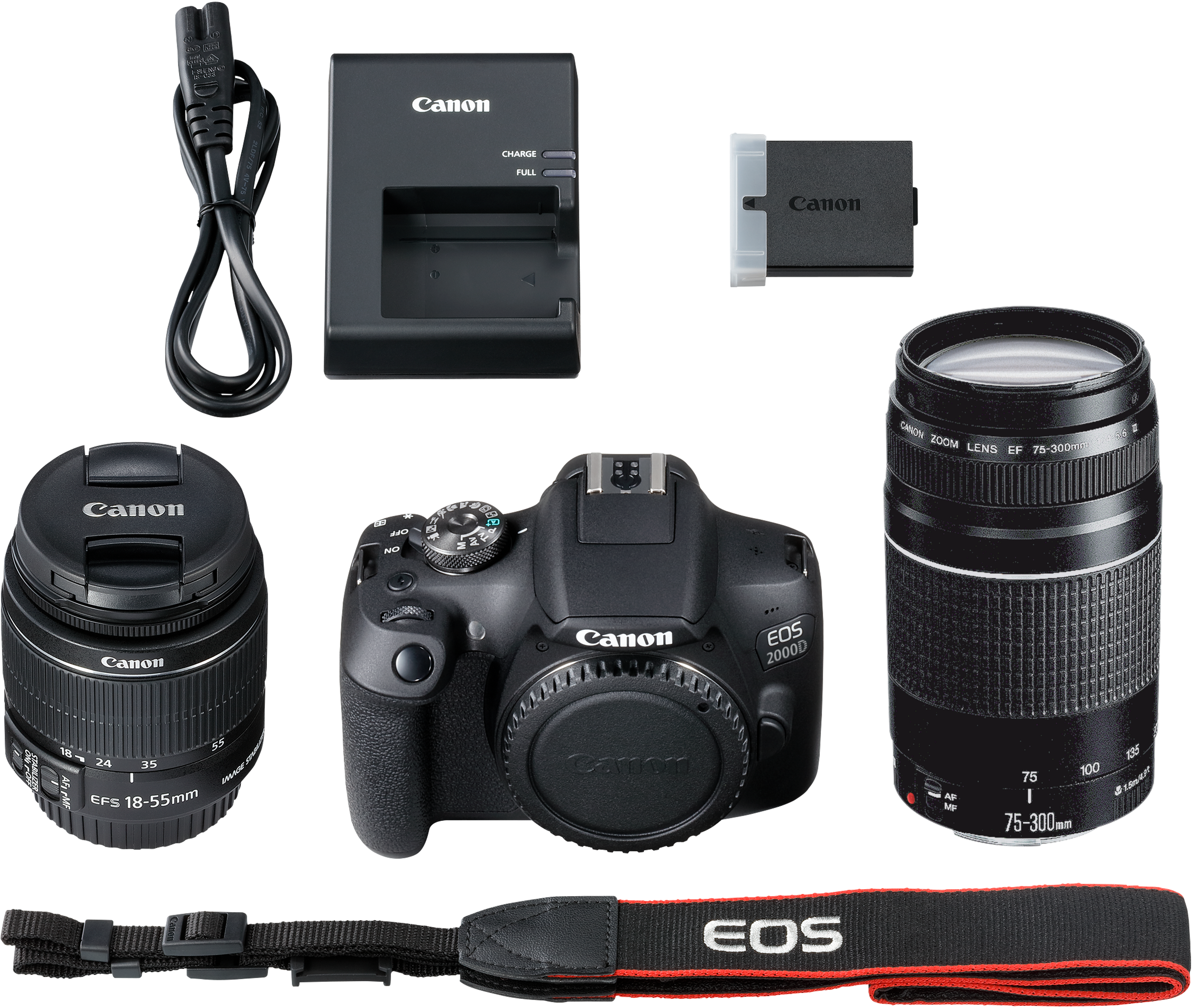 Kit fotocamera Canon con fotocamera, obiettivi, caricabatterie, batteria e cinturino. Tutti gli elementi sono neri.