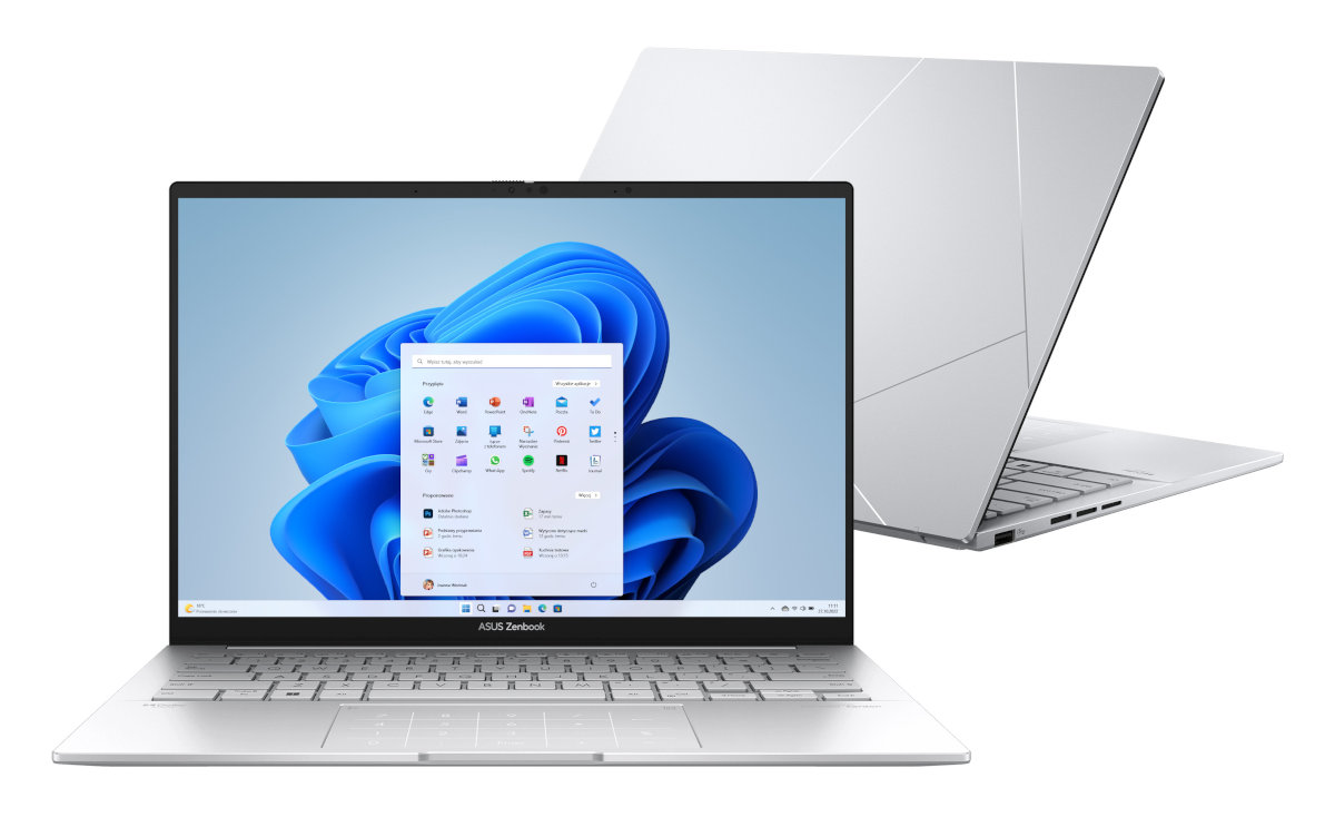 Srebrny laptop ASUS Zenbook z otwartym interfejsem Windows 11. Drugi laptop w tle.