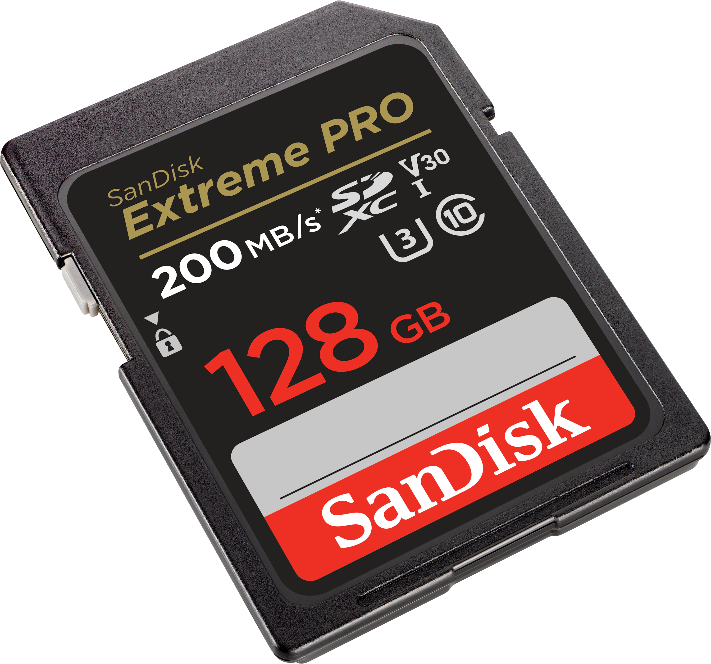 Siyah bir arka plan üzerinde marka adı, 128 GB ve hız detayları ile SanDisk Extreme PRO SD kartı.