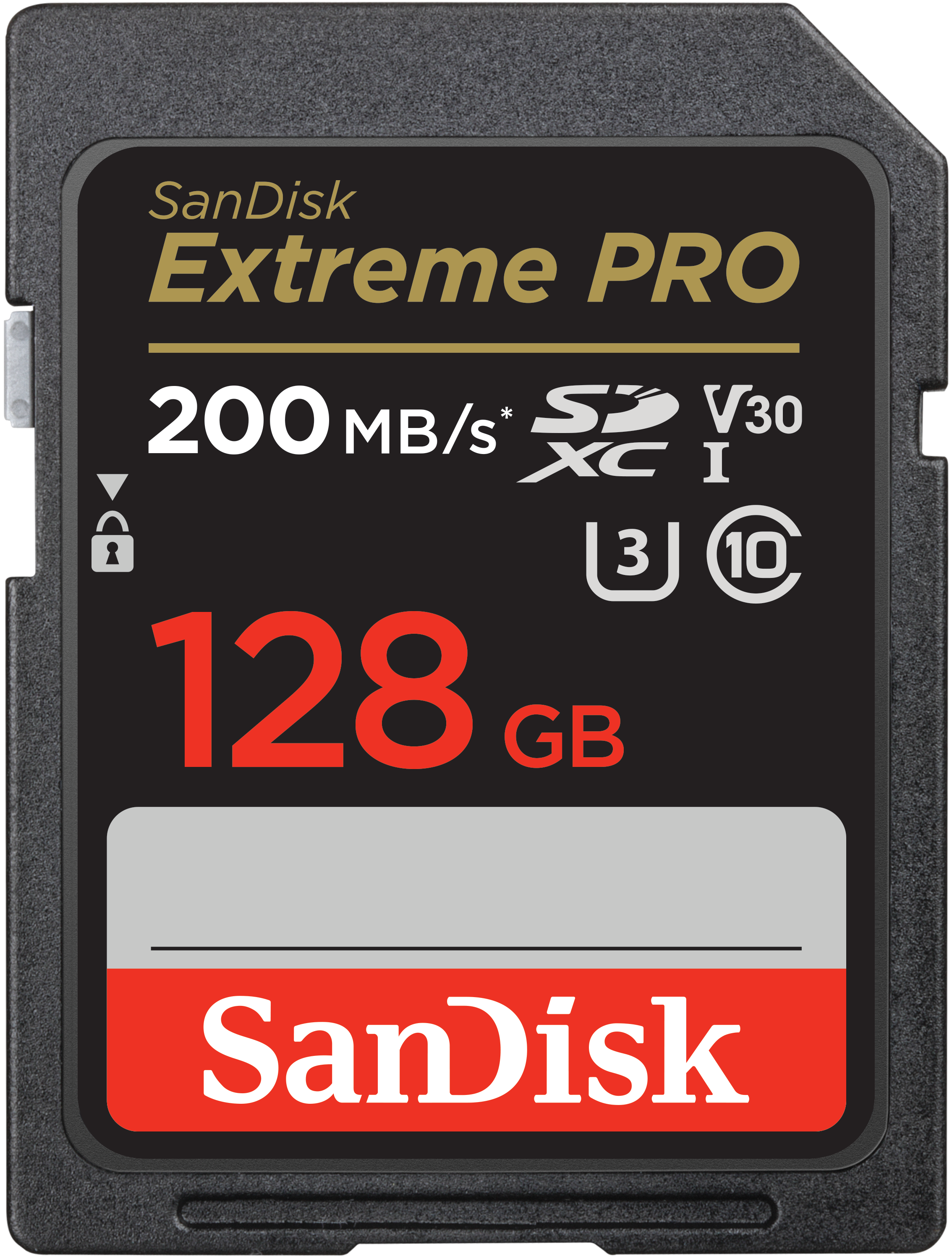 Siyah SanDisk Extreme PRO SD kartı, kırmızı ve beyaz detaylarla, kapasite.