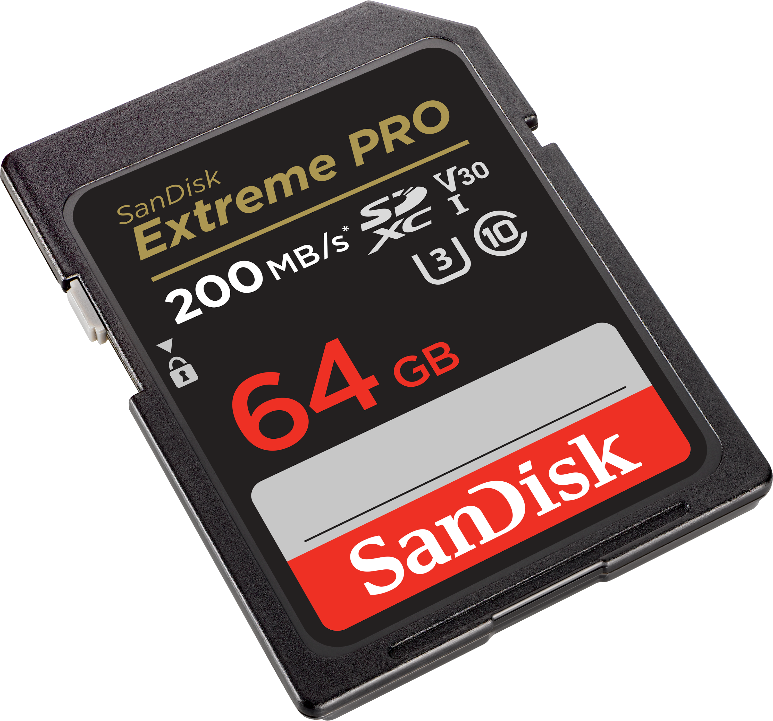 Beyaz ve kırmızı metinli siyah SD kart. Bir kilit simgesi vardır ve 64 GB yazar.