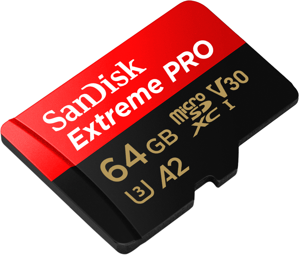 Bir SanDisk Extreme PRO 64GB microSD kartı. Beyaz metinli kırmızı üst yarısı, altın metinli siyah alt kısmı. Açılı kart.