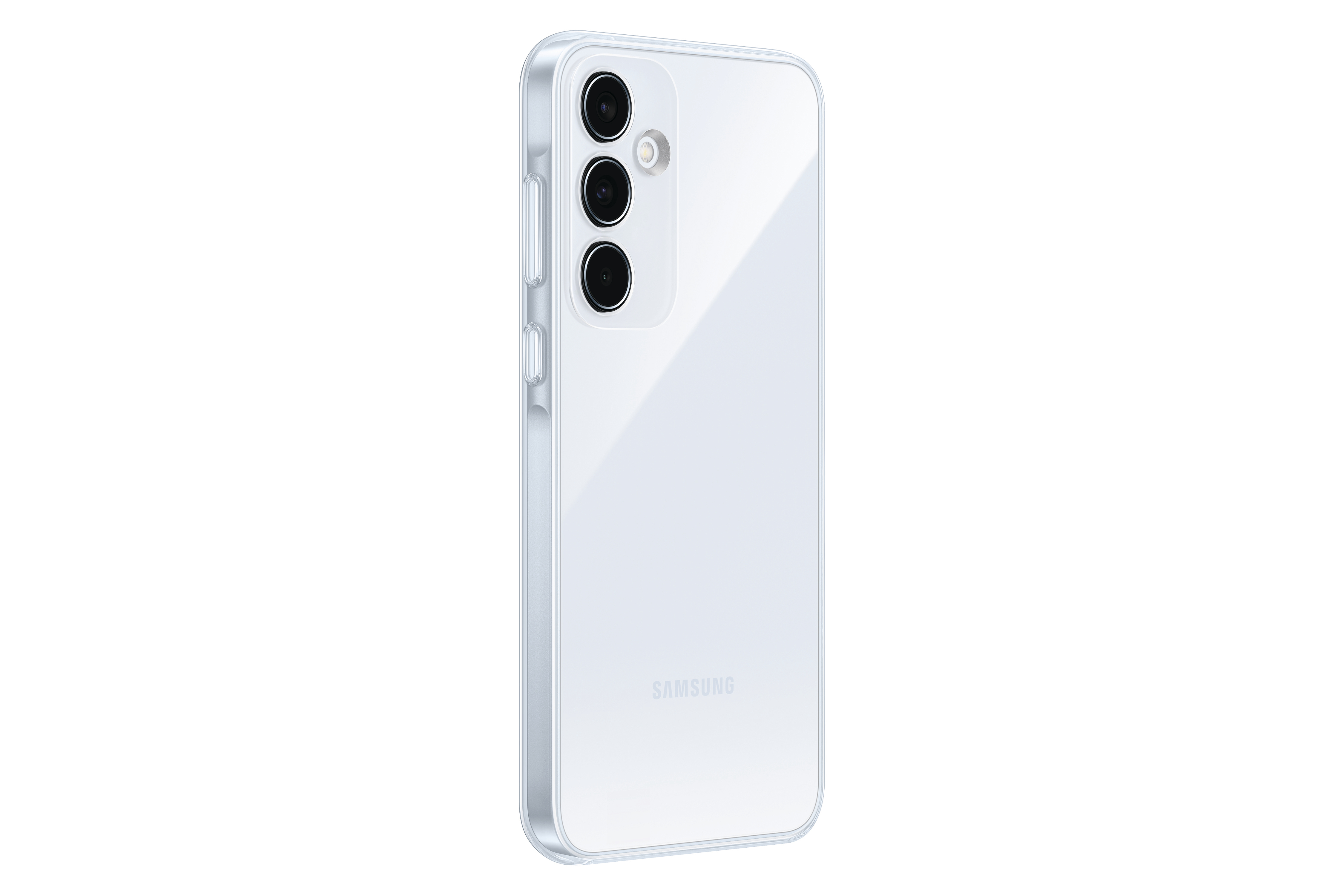 Weißes Telefon mit drei Rückkameras. Es hat eine transparente Hülle. SAMSUNG-Logo auf der Rückseite sichtbar.