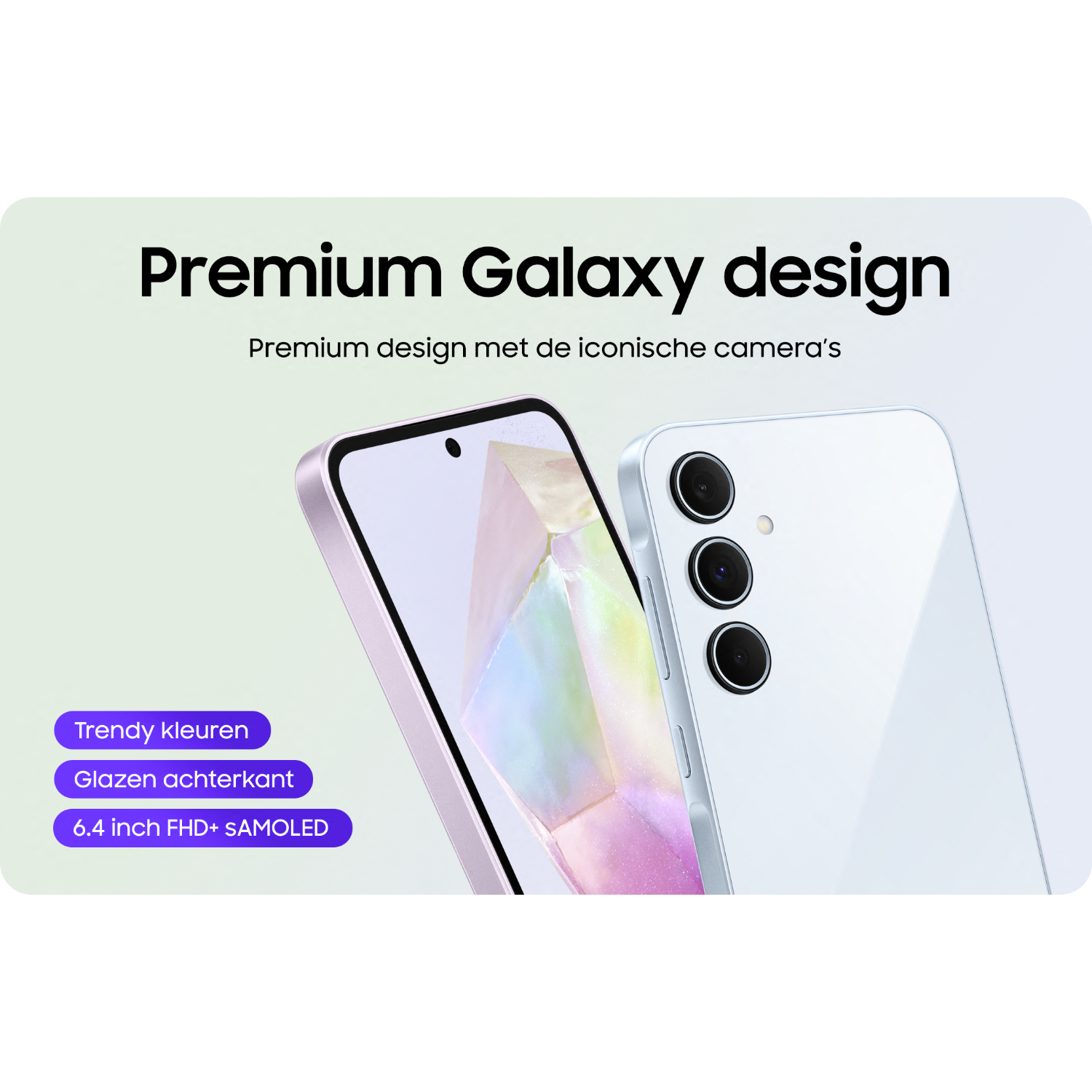 Two smartphones, one lavender, one white, with the text 'Premium Galaxy design'.