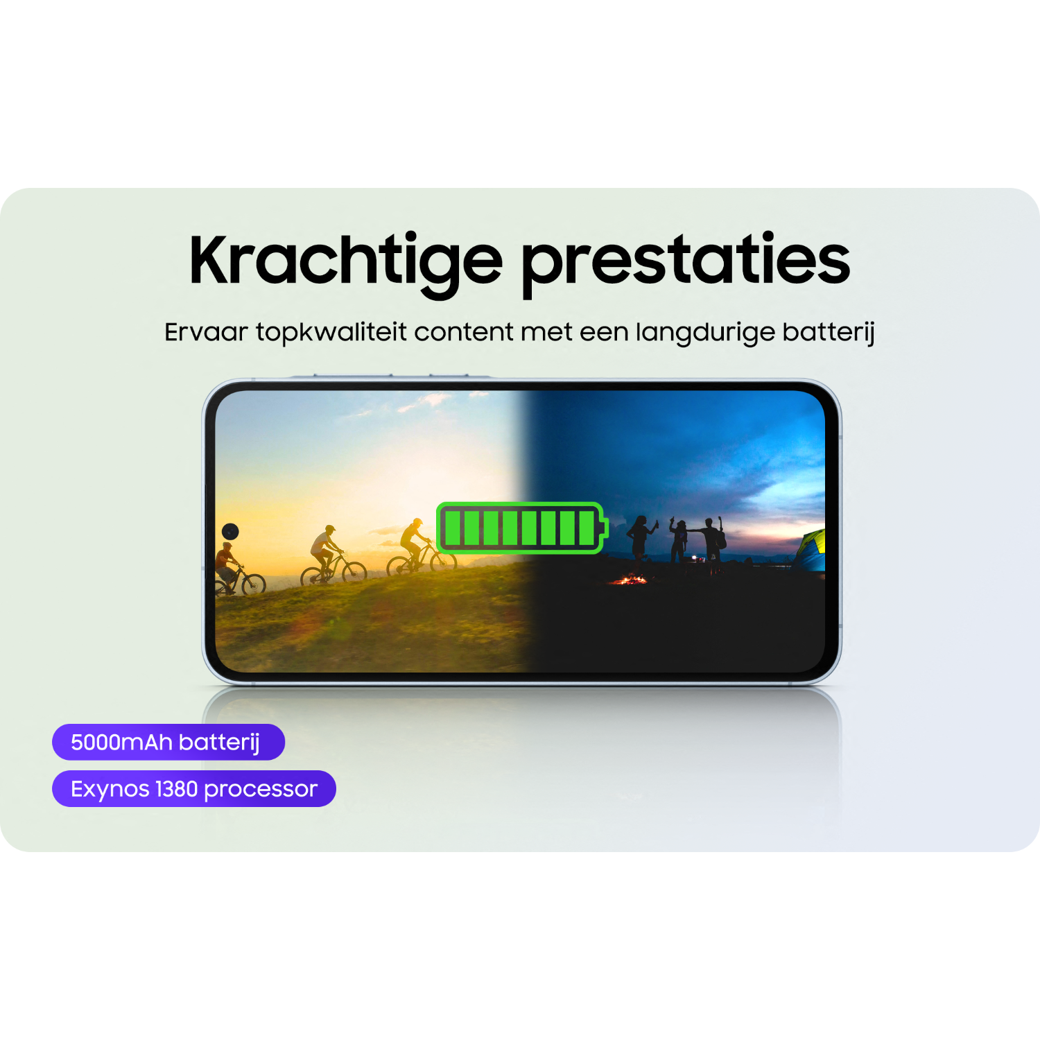 Phone displaying people cycling and camping. Battery icon full. Text: Powerful performance, 5000mAh battery, Exynos 1380 processor.