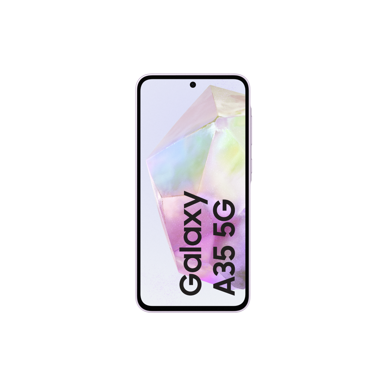 A white smartphone with the words 'Galaxy A35 5G' on the screen, against a black background.