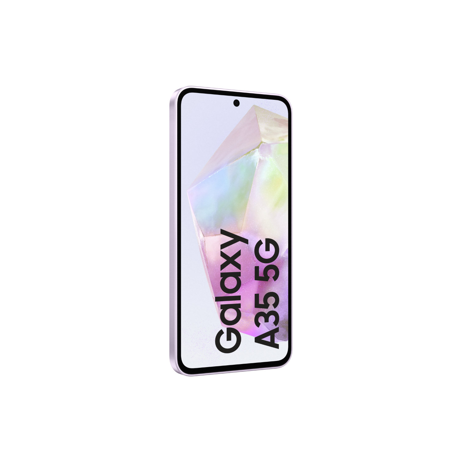 A white phone with the words Galaxy A35 5G on the screen.
