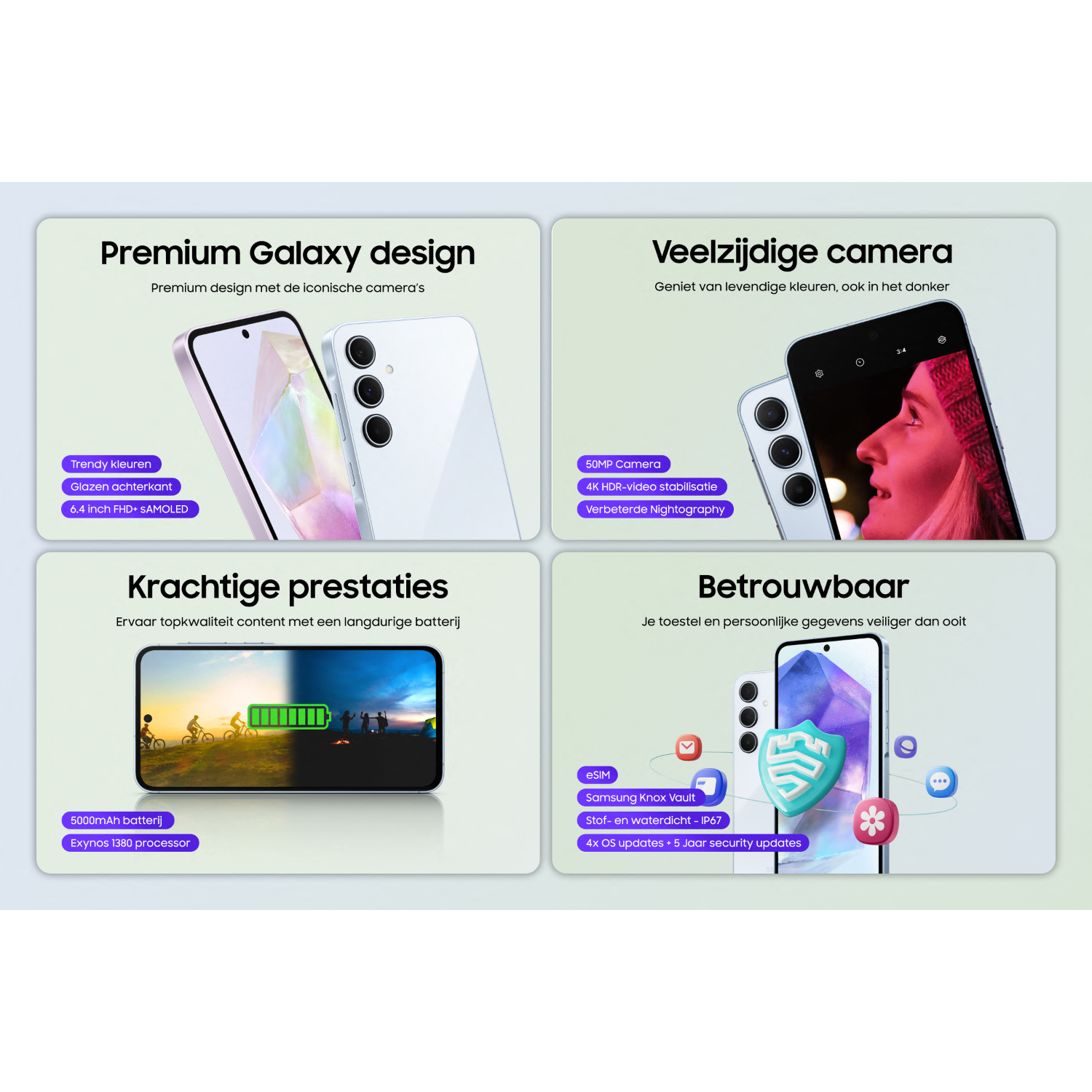 Smartphone with various features. Texts and images on a blue background.