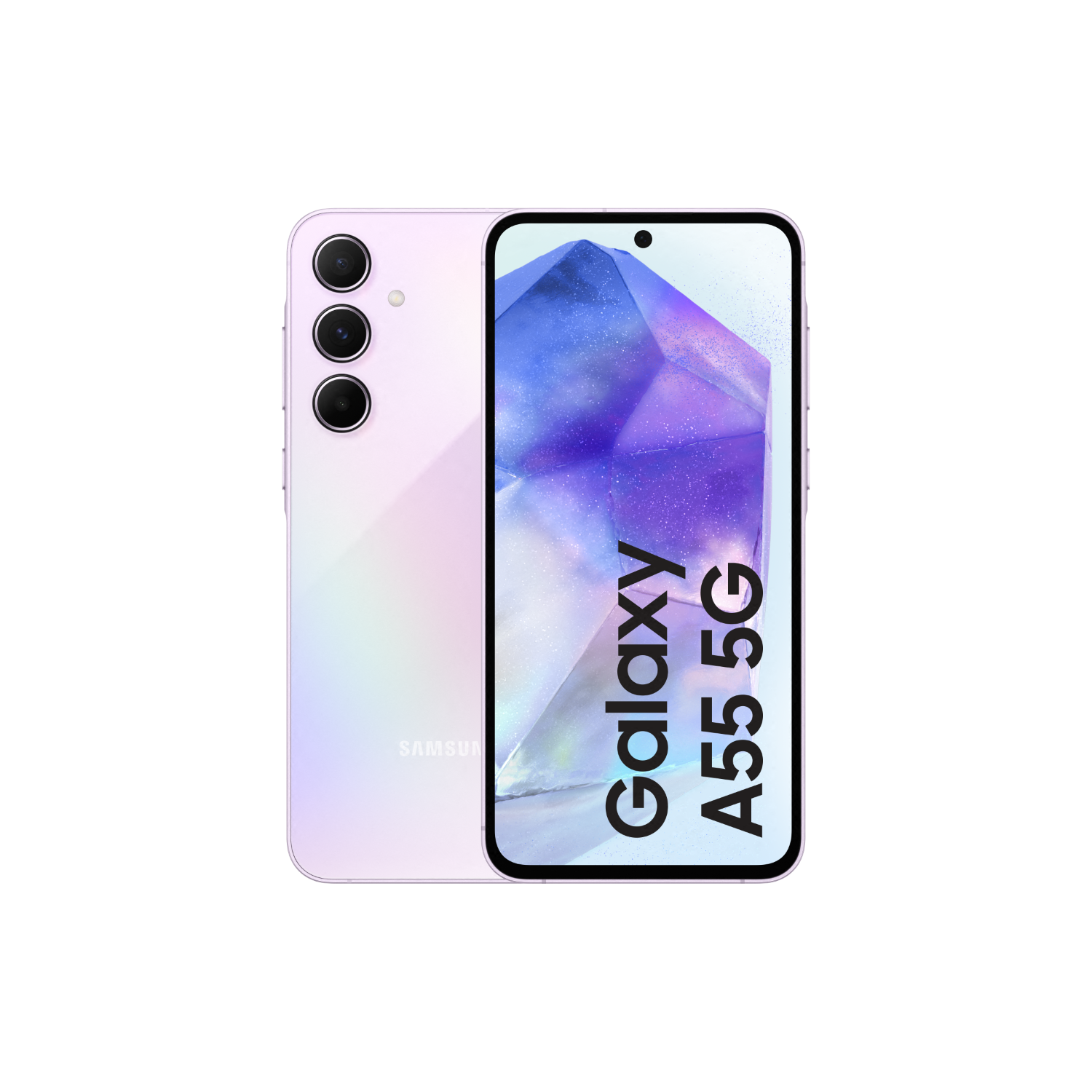 Roze Samsung Galaxy A55 5G telefoon. Drie camera's achter, scherm toont de naam.
