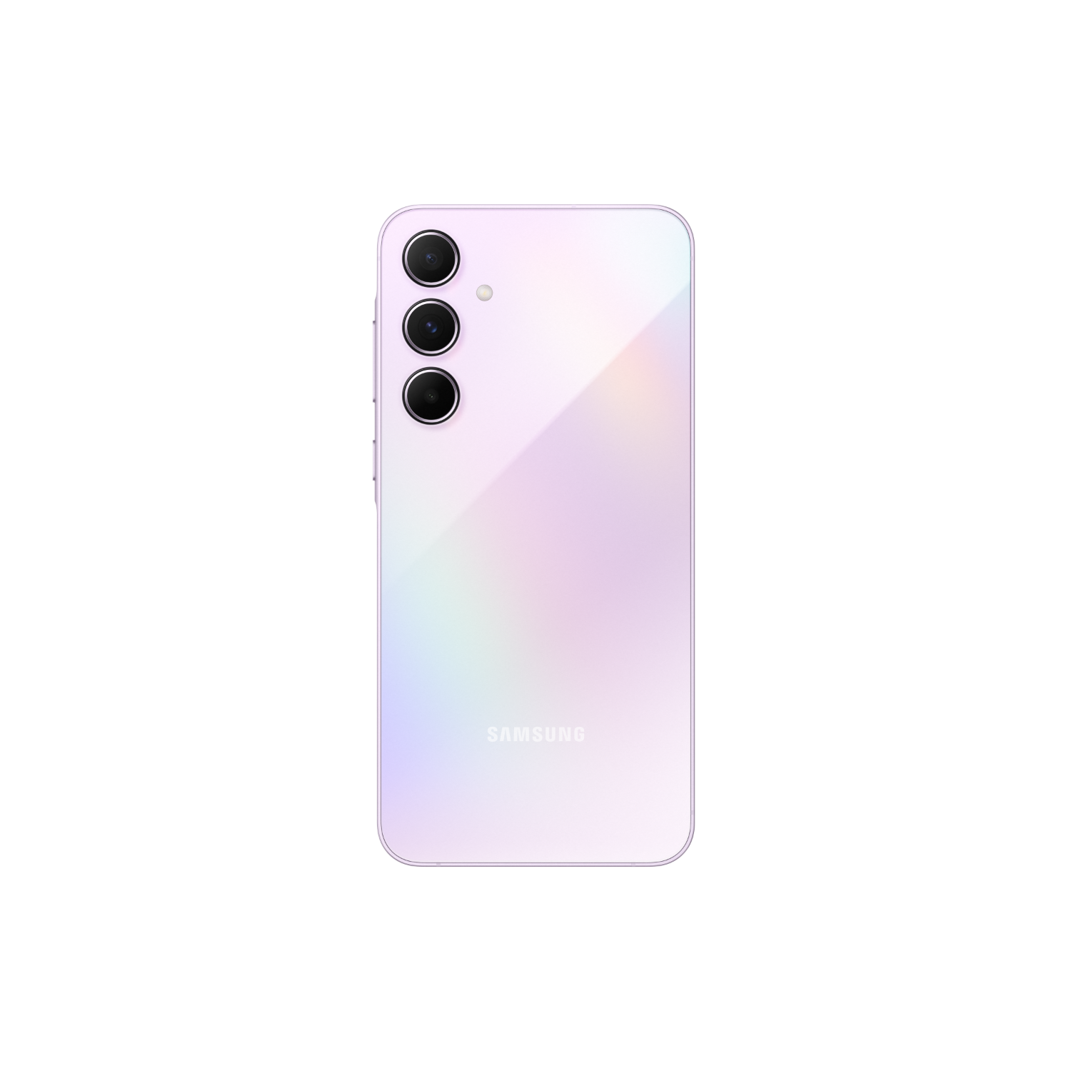 Achterkant van een lichtpaarse Samsung telefoon met drievoudige camera's en een Samsung logo. Zwarte achtergrond.