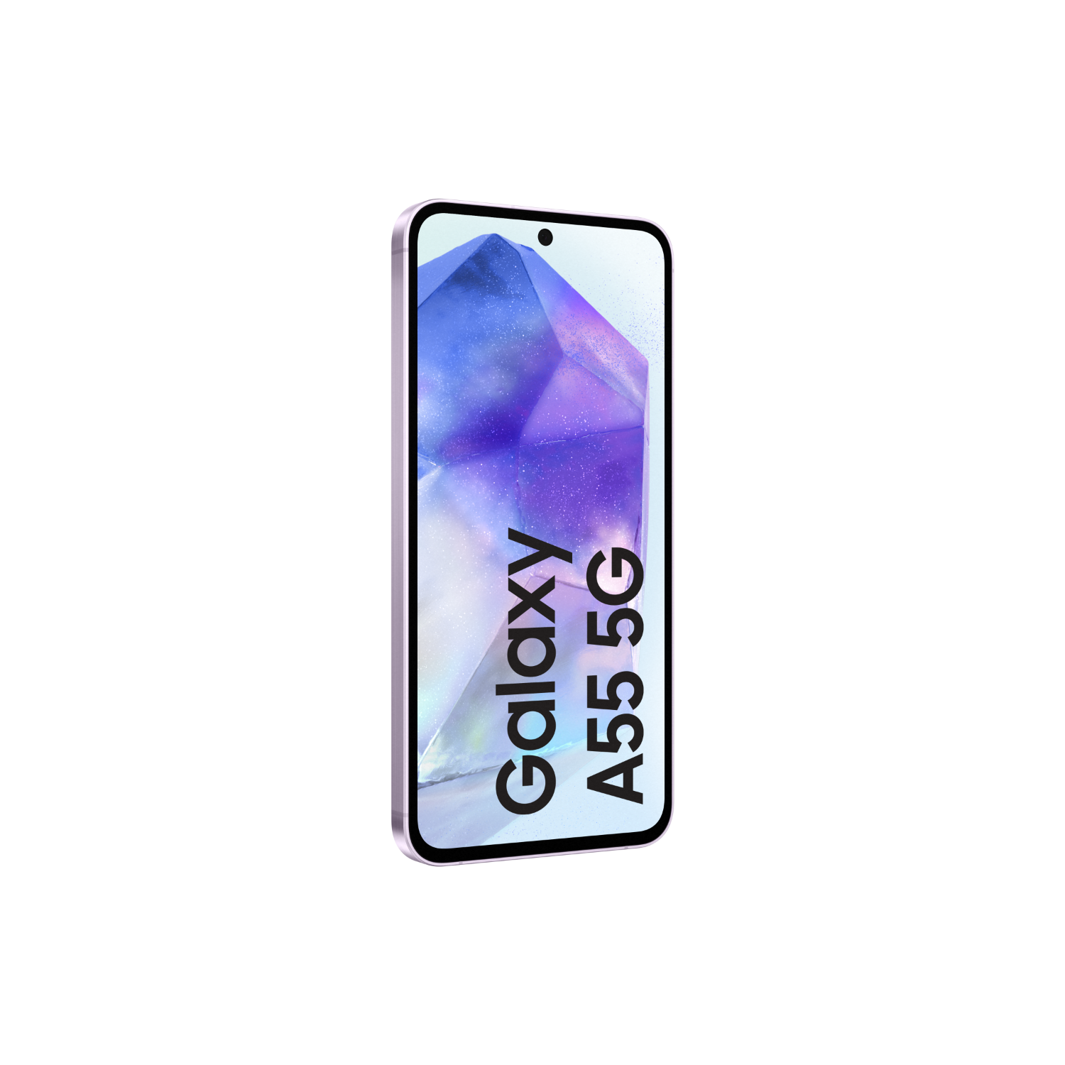 Een roze Galaxy A55 5G telefoon tegen een zwarte achtergrond.